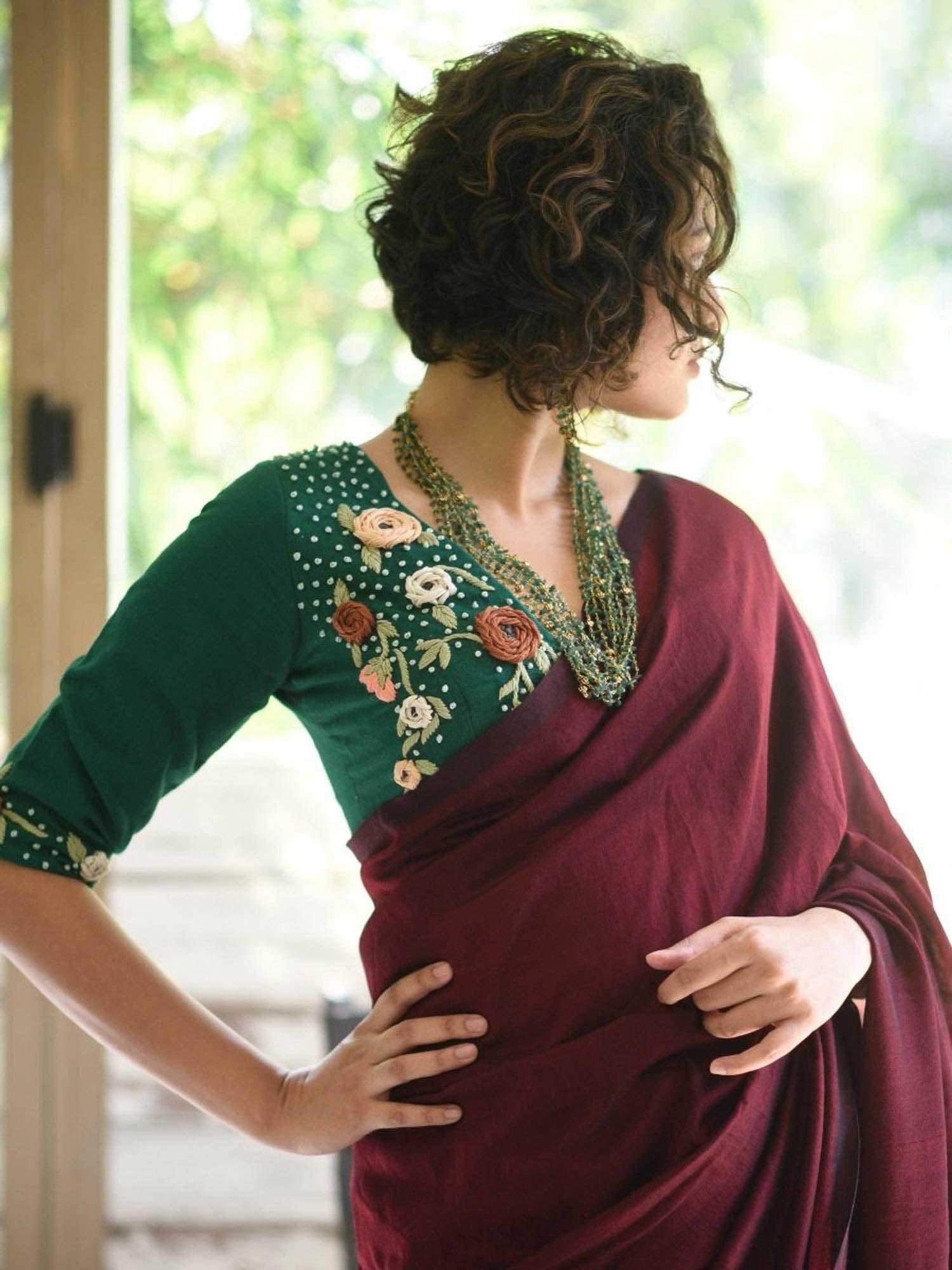 women green embroidered cotton saree blouse