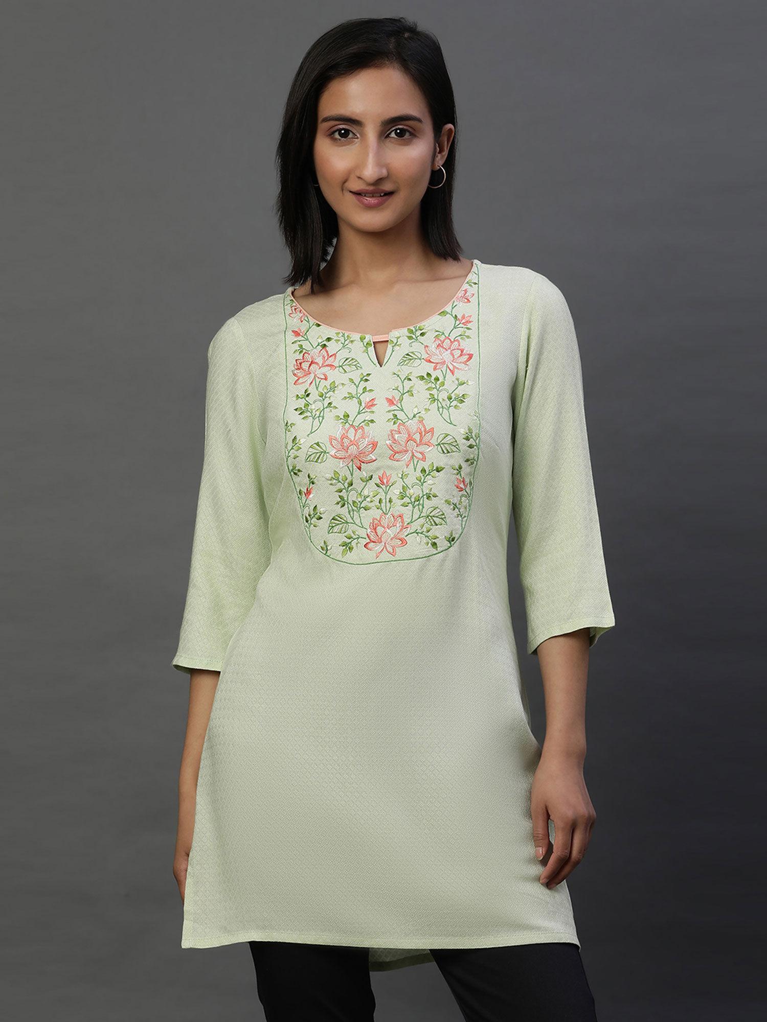 women green embroidered rayon kurti