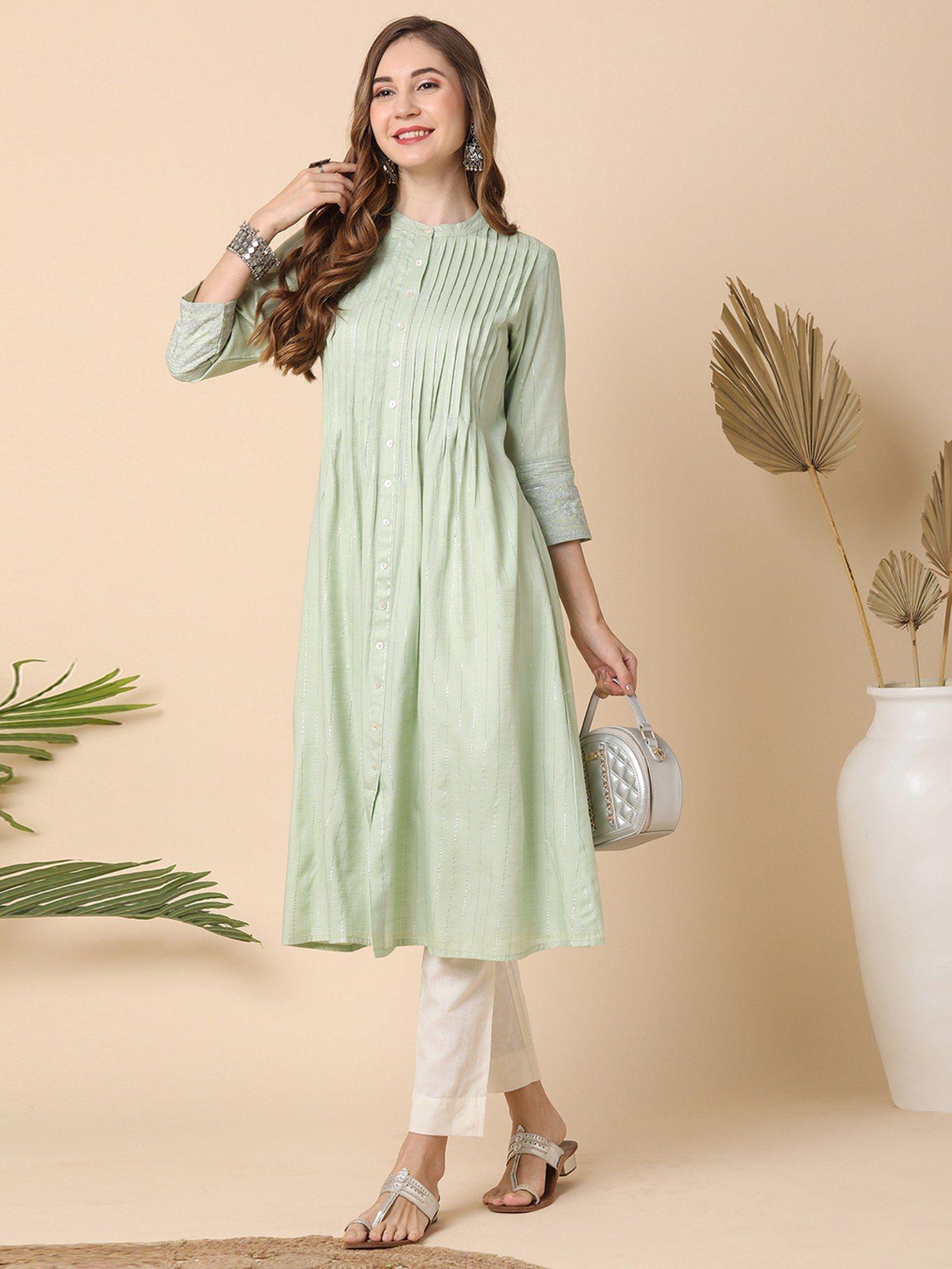 women green embroidered sleeve pleated a-line kurta