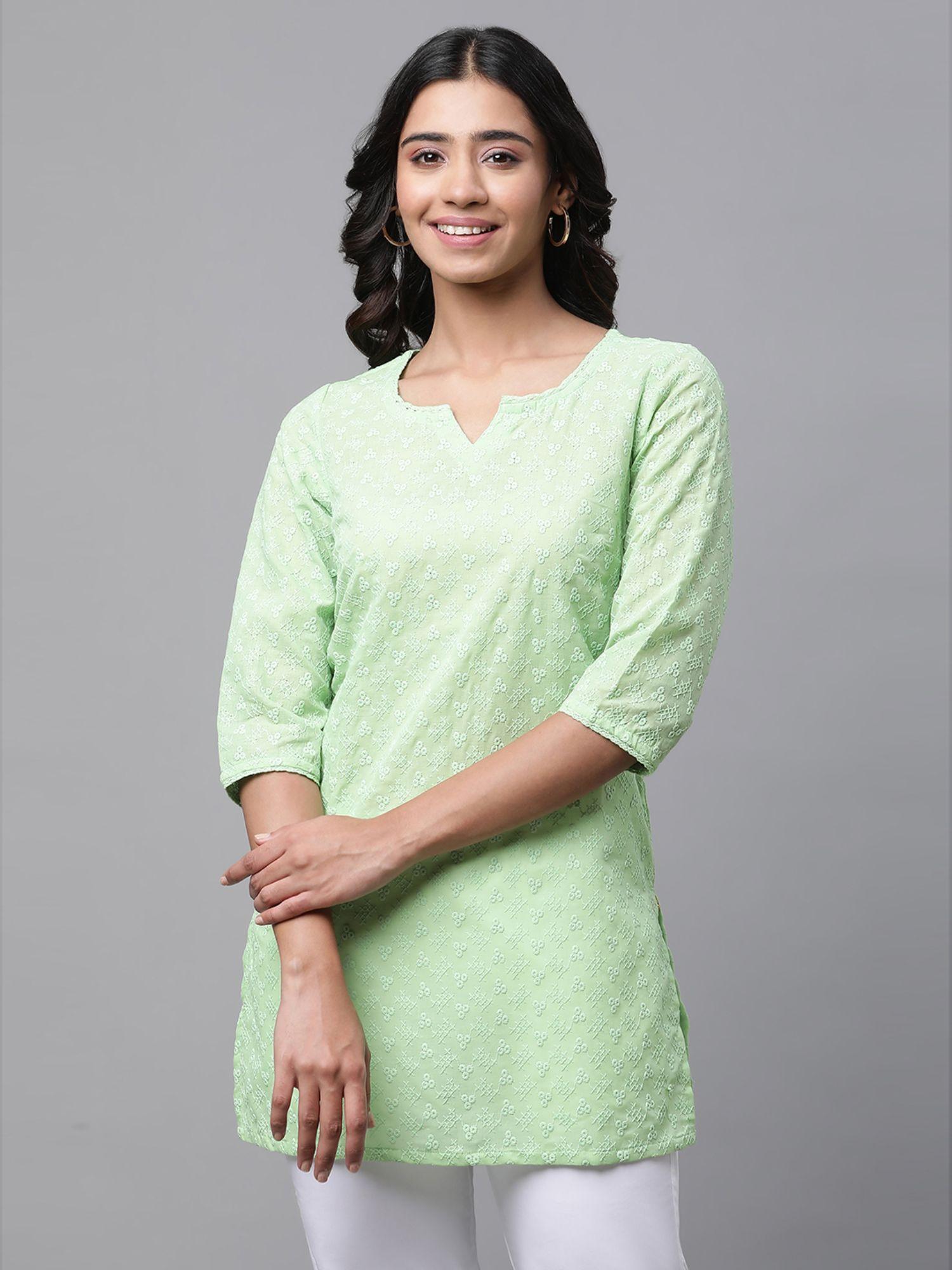 women green embroidered three fourth sleeves round neck kurti