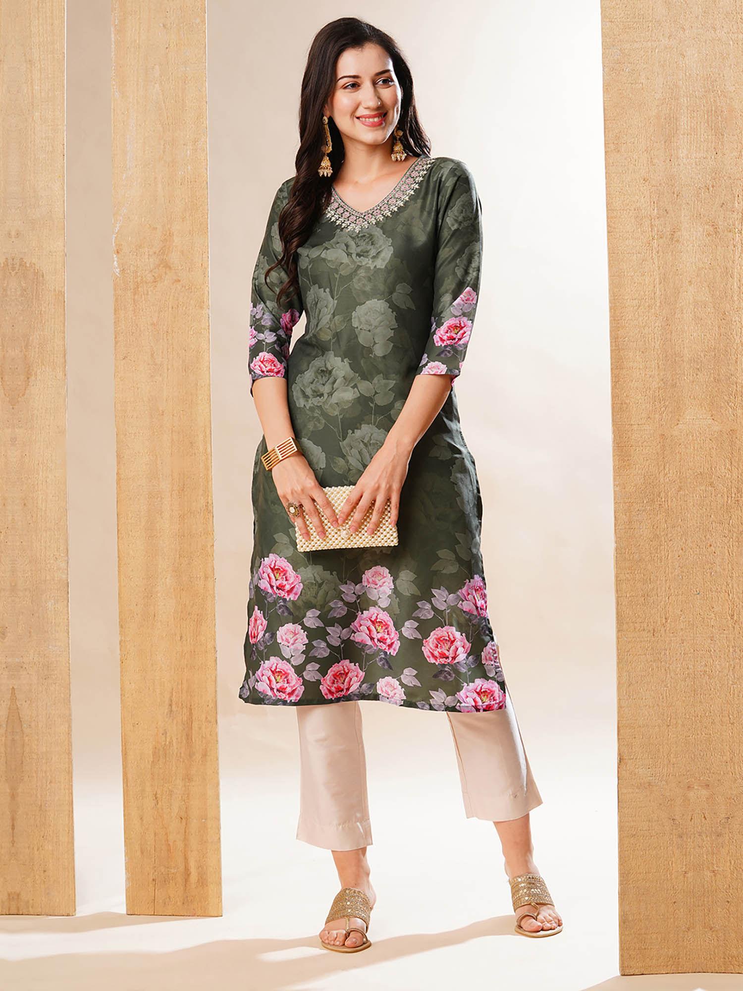 women green embroidered v-neck & allover floral printed straight kurta