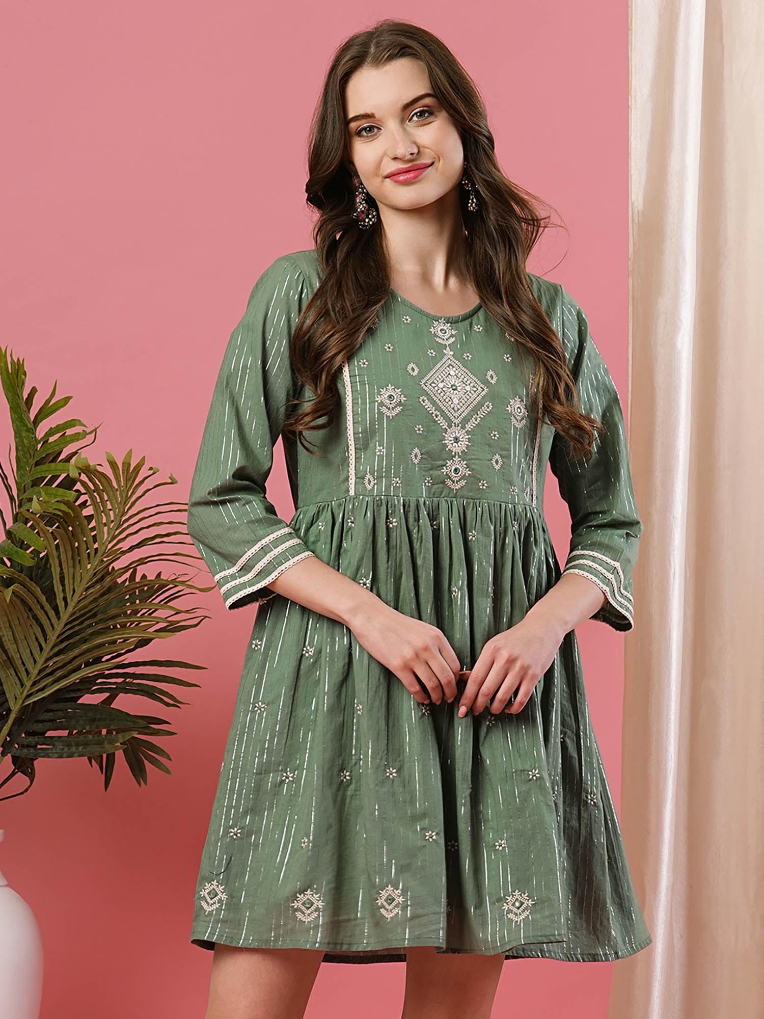 women green embroidered yoke ethnic motifs a-line dress