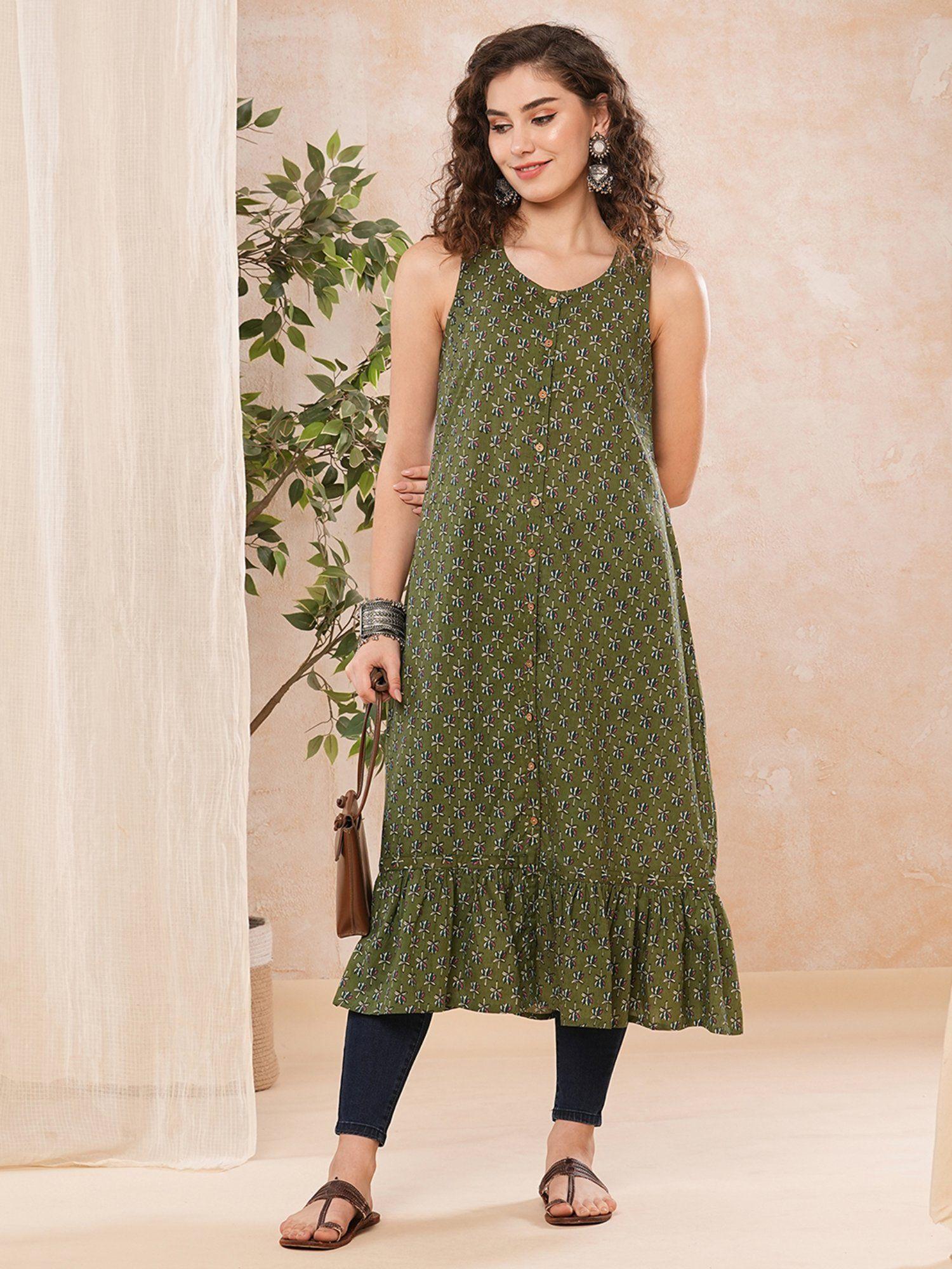 women green ethnic motifs flared hem a-line kurta