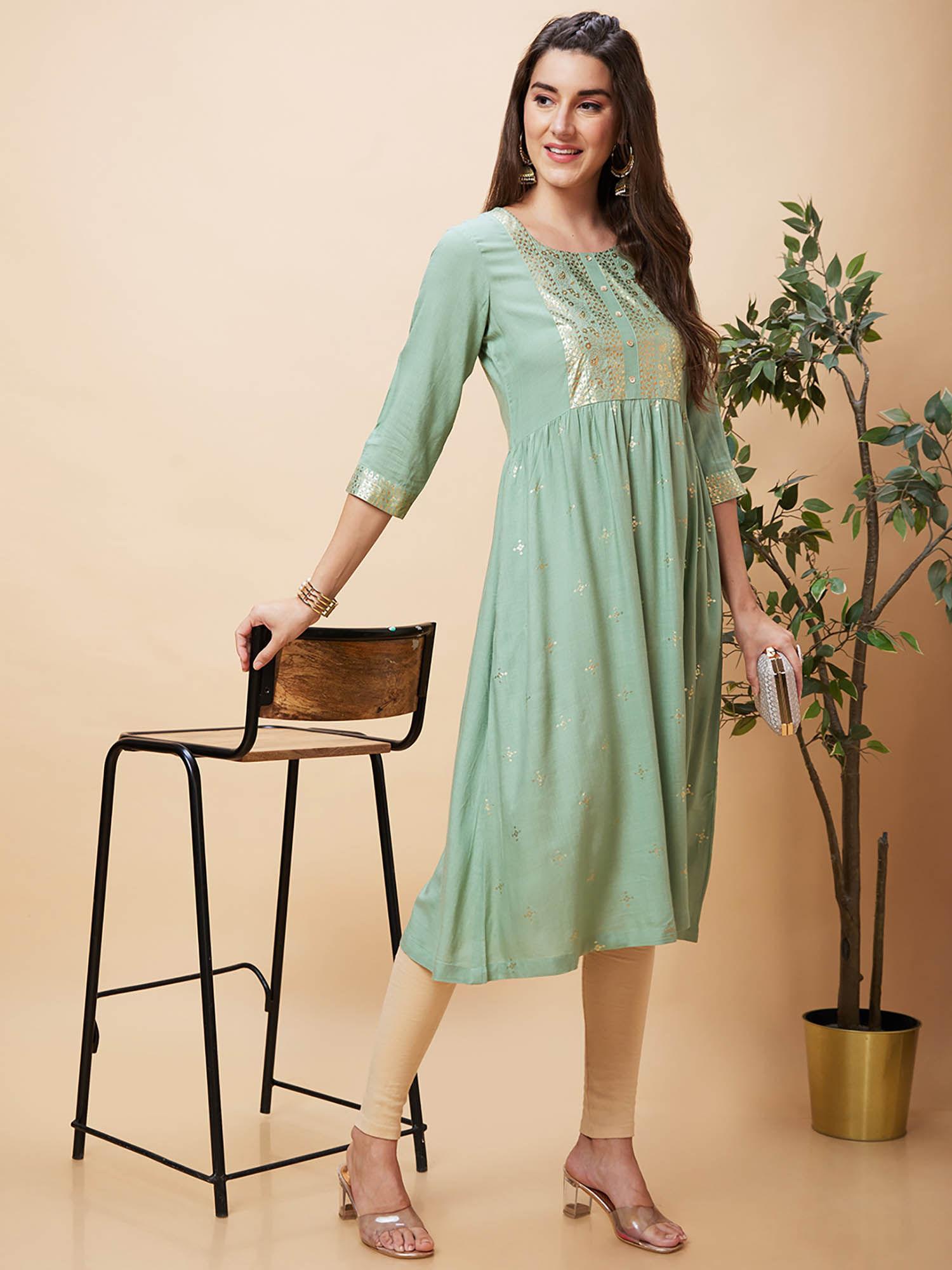 women green ethnic motifs gold print round neck a-line kurta