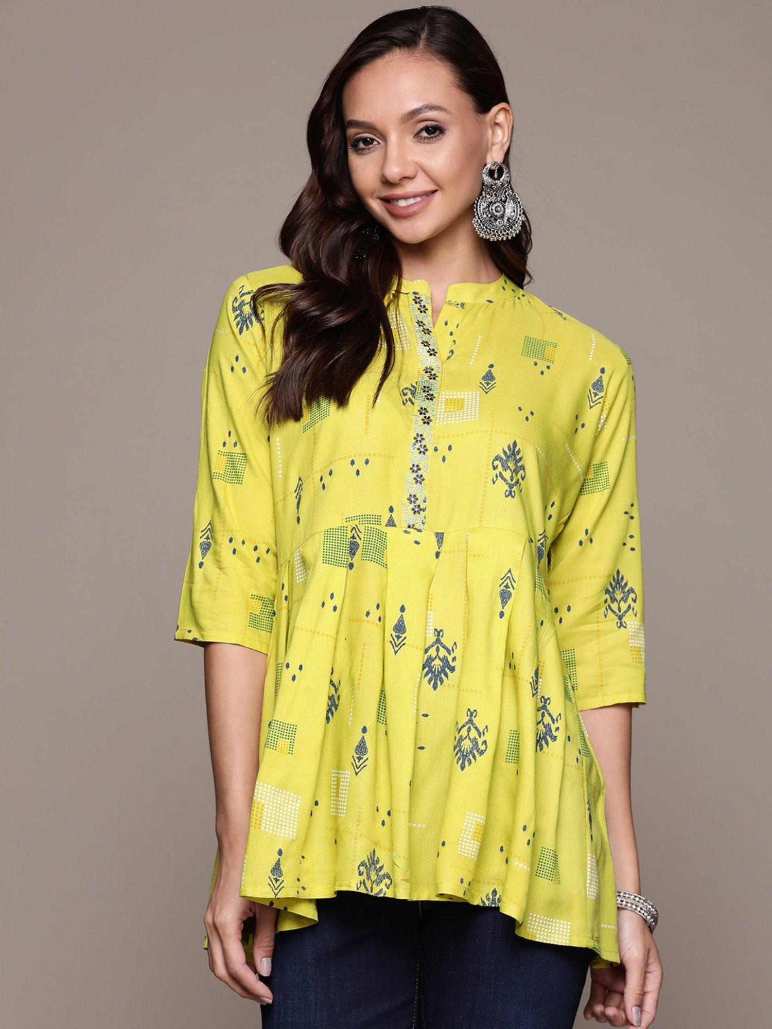 women green ethnic motifs printed empire kurti