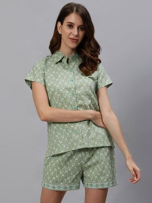 women green ethnic printed cotton loungwear set with side pockets