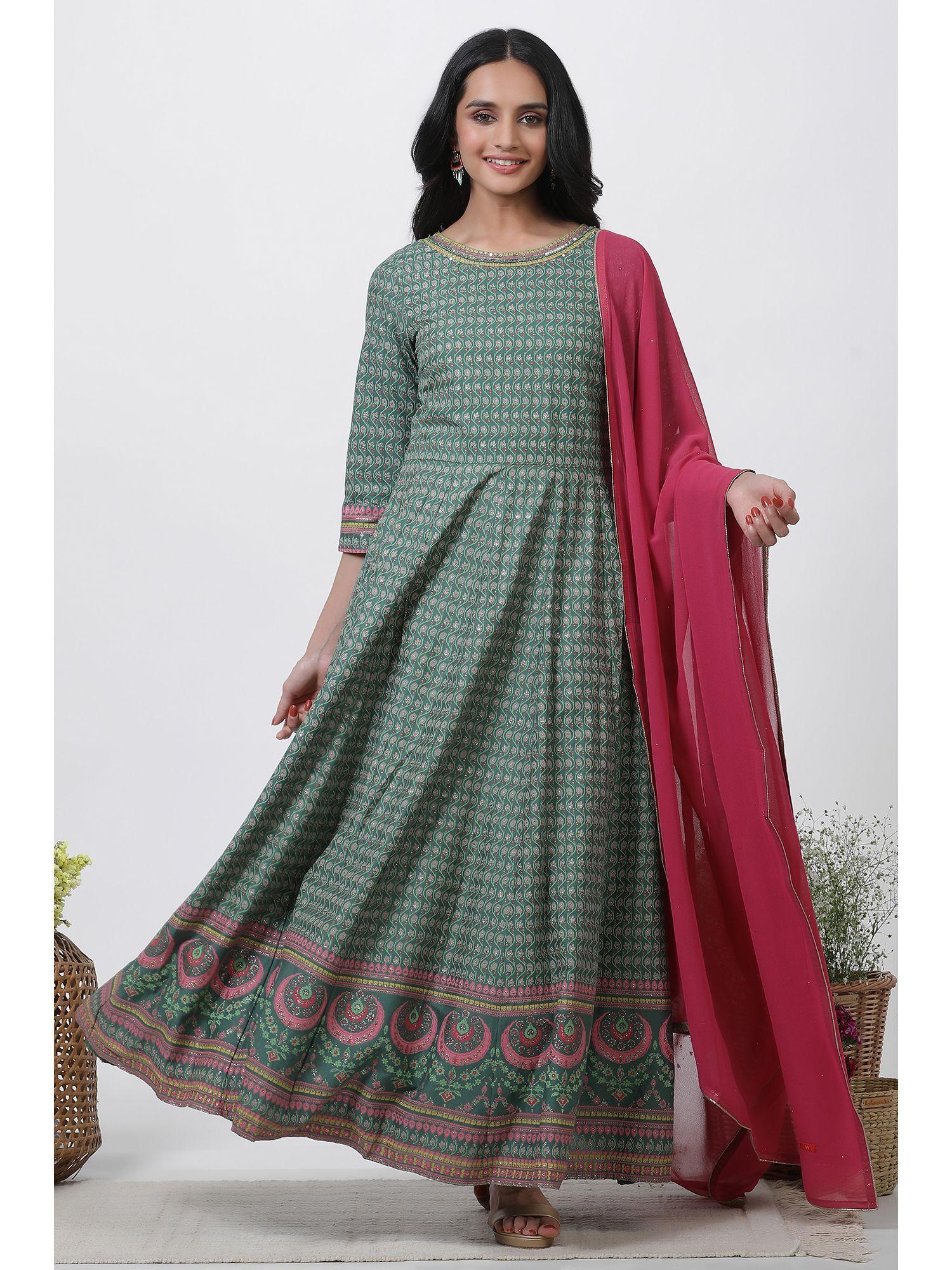 women green festive floral print viscose flared dress & dupatta (set of 2)