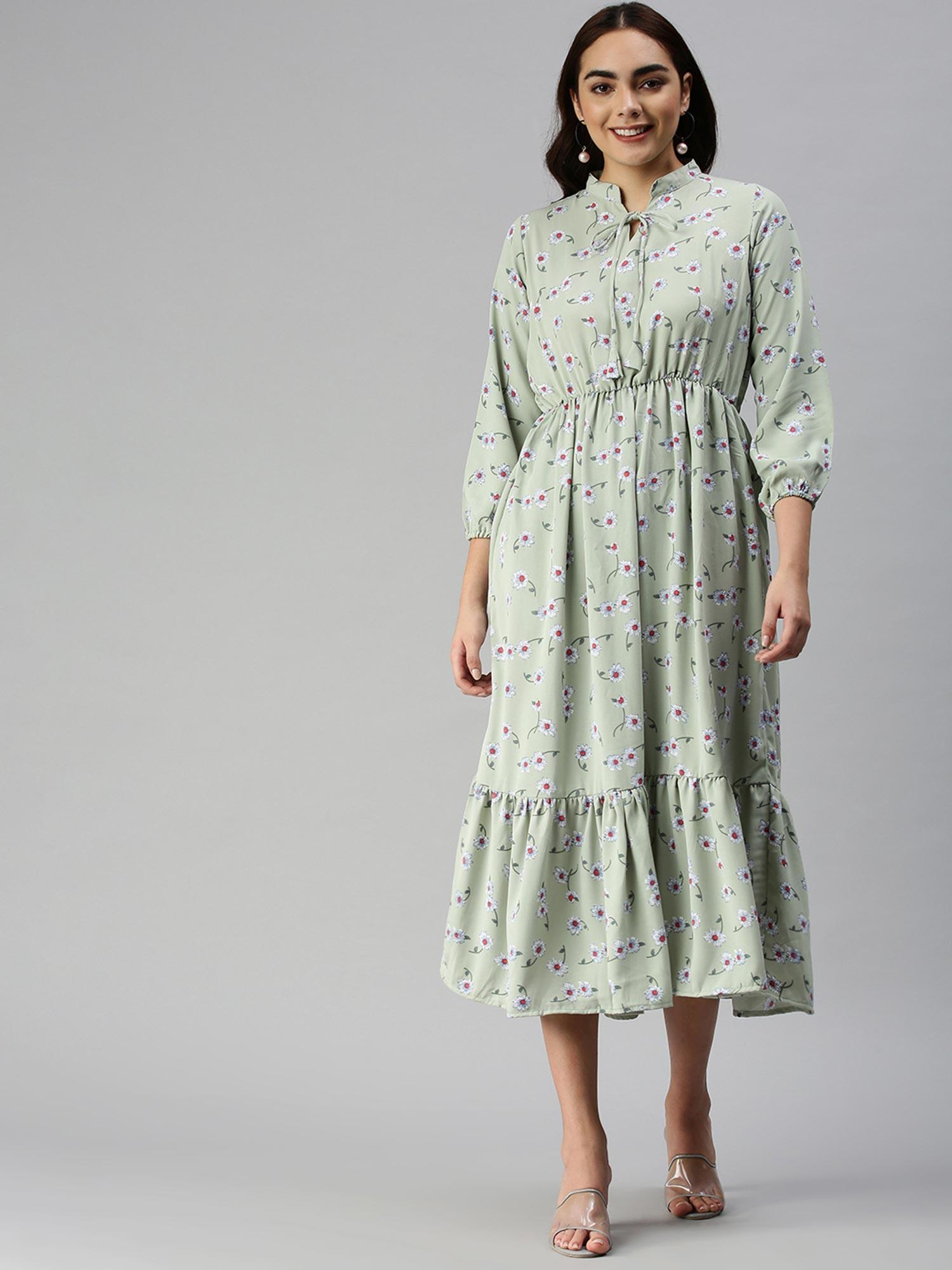 women green floral mandarin neck a-line dress