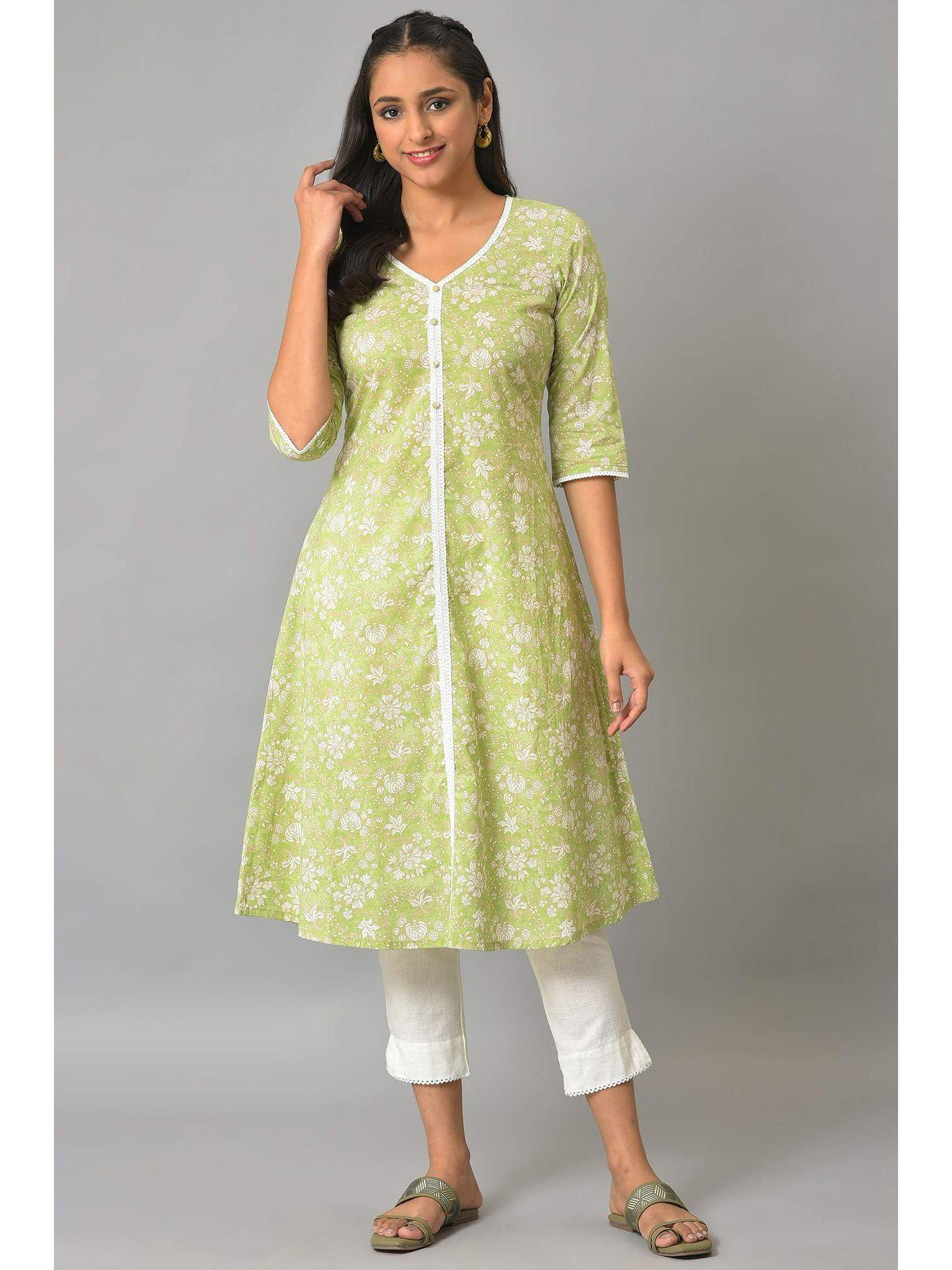 women green floral print cotton kurta