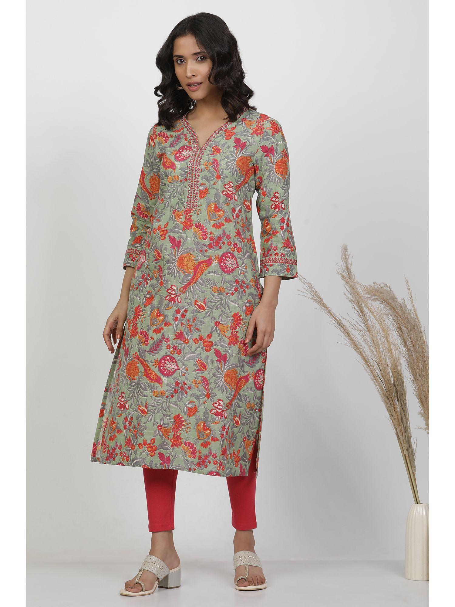 women green floral print cotton straight kurta