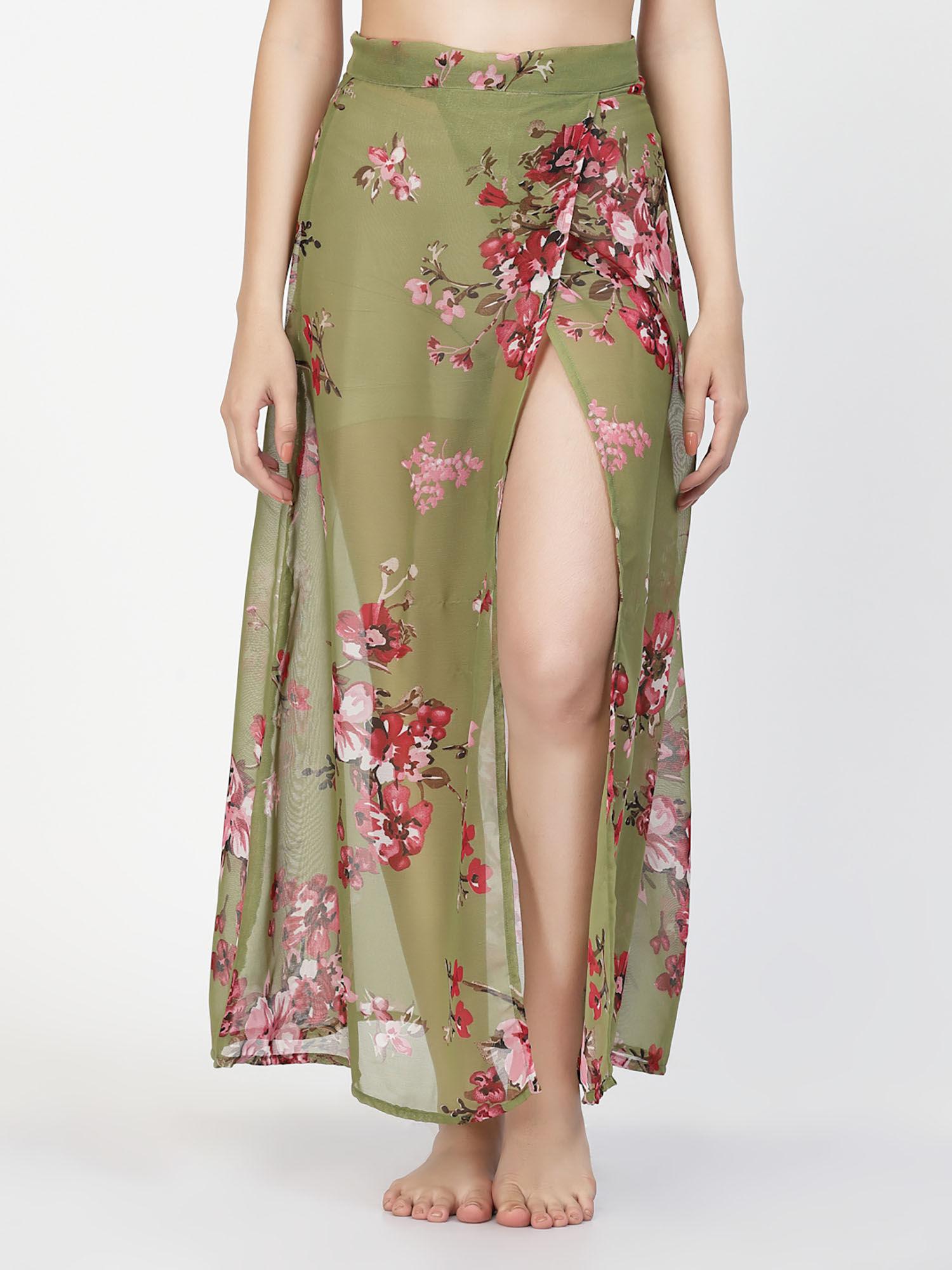 women green floral print cover-up skirt