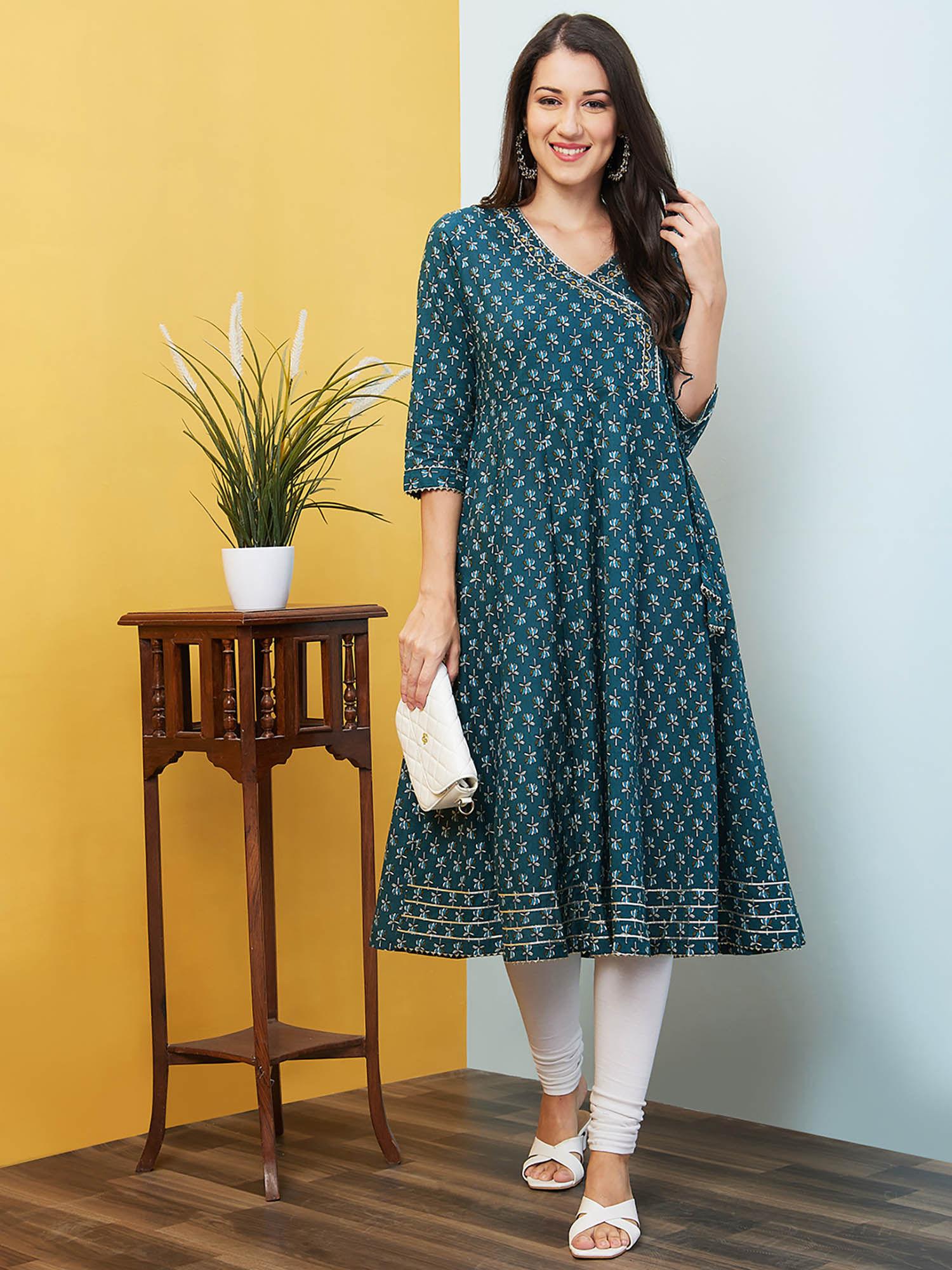 women green floral print embroidered highlight v-neck overlapping angarkha a-line kurta