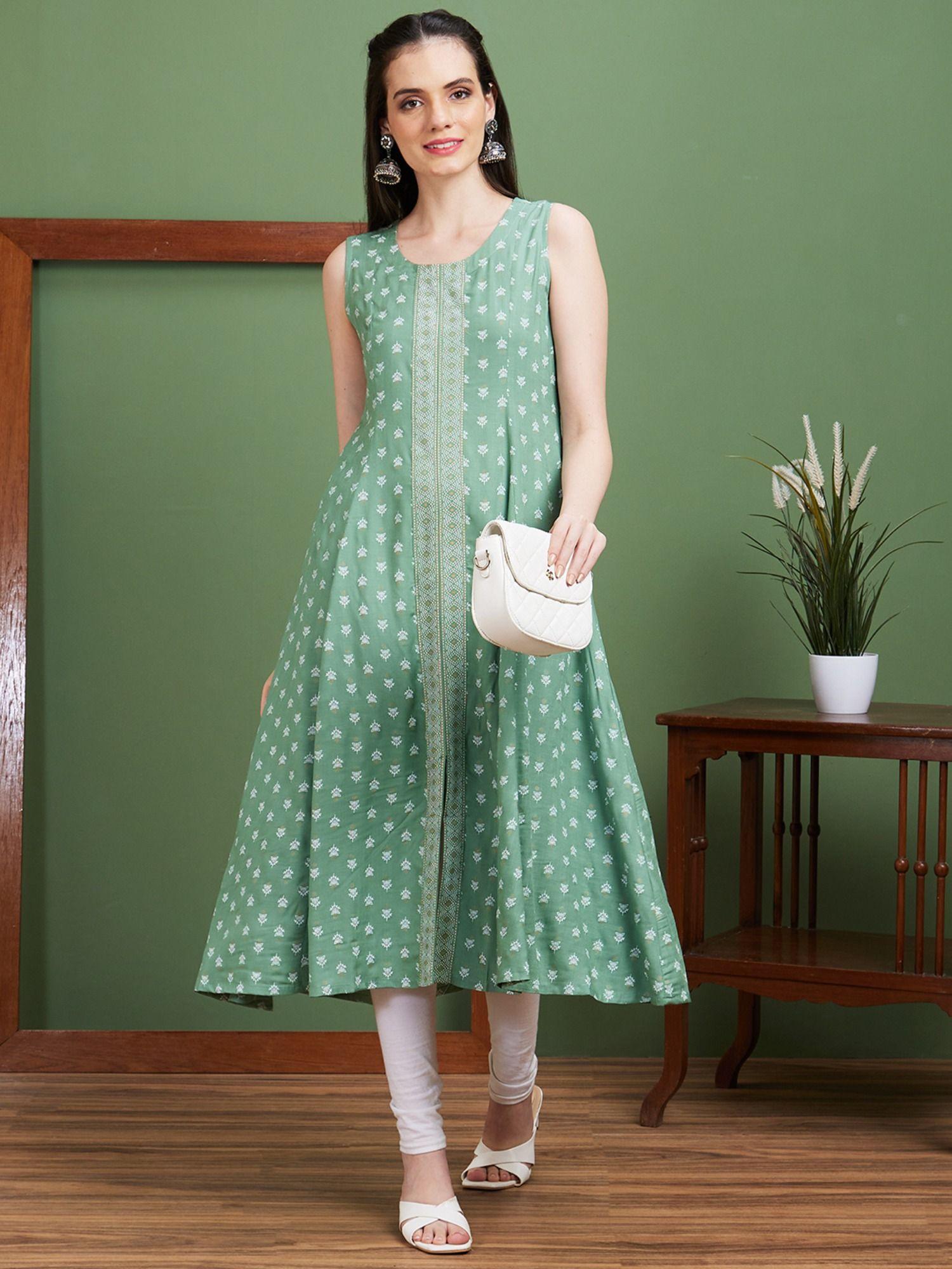 women green floral print front slit flared hem panelled a-line kurta