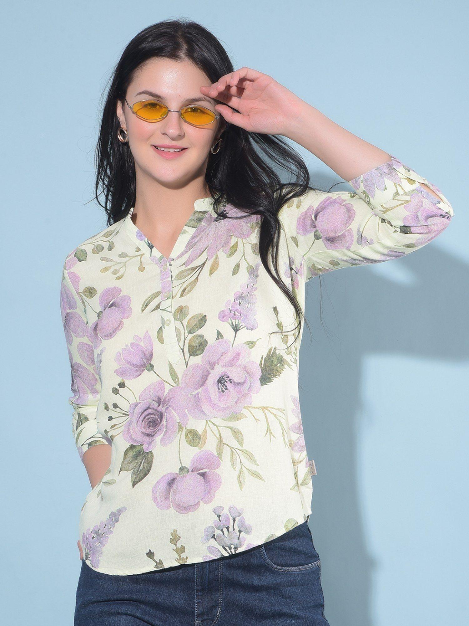 women green floral print linen top