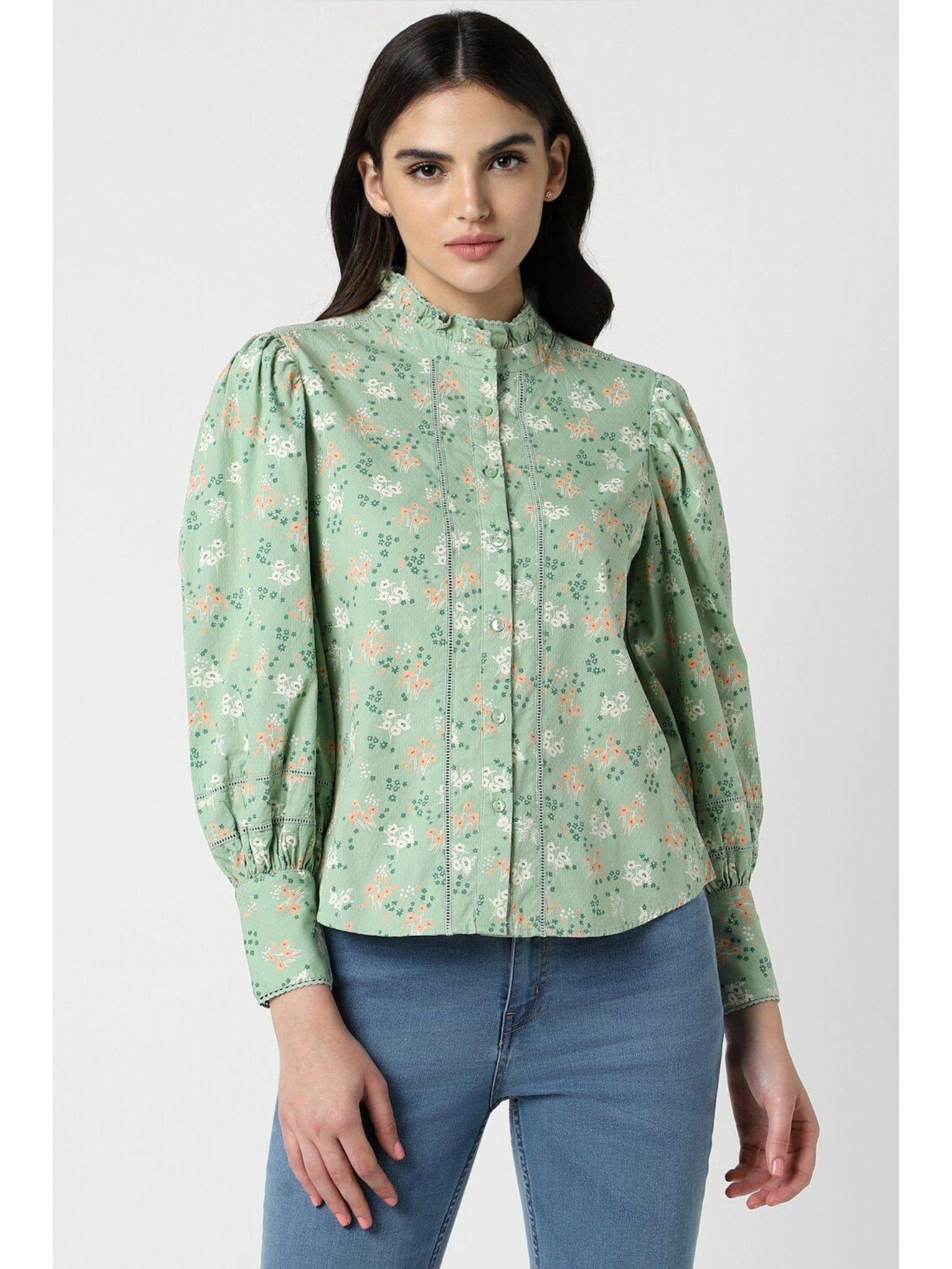 women green floral print long ballon sleeves casual shirt