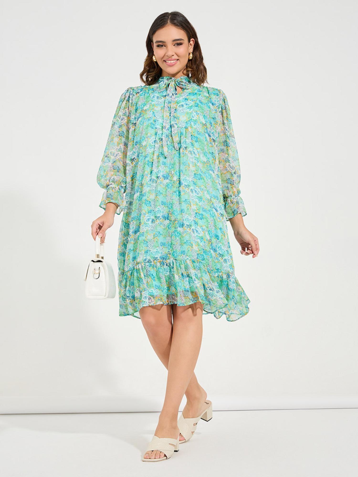 women green floral print long sleeve neck tie a-line midi dress