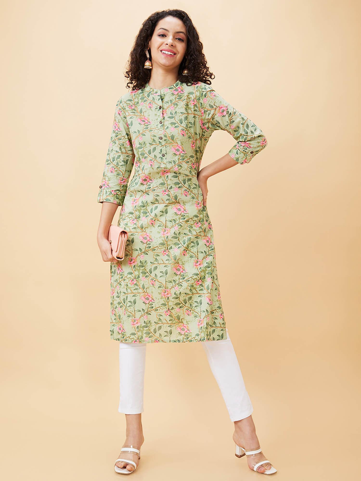 women green floral print mandarin neck straight calf length kurta