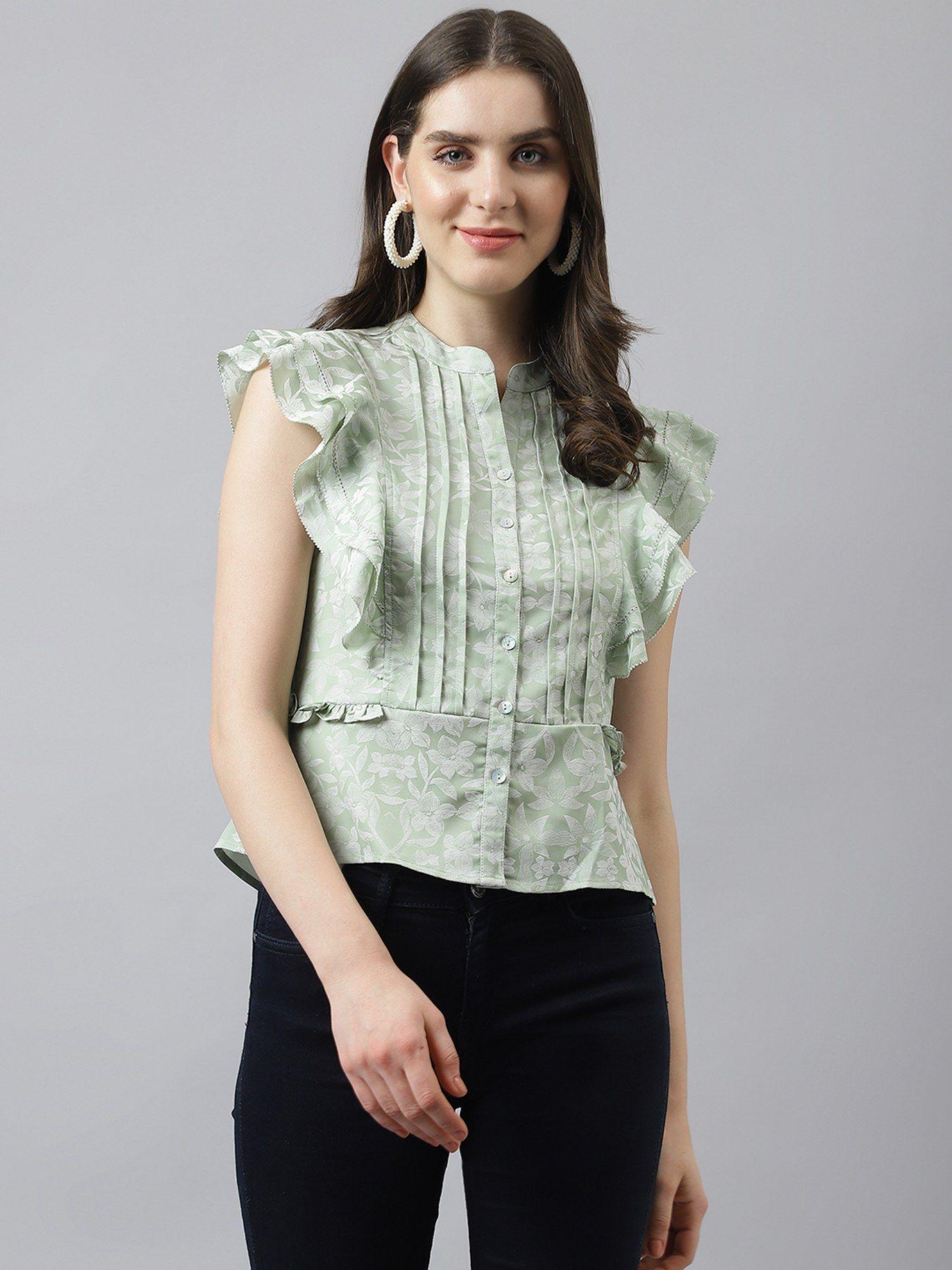 women green floral print top with front buttons & ruffles