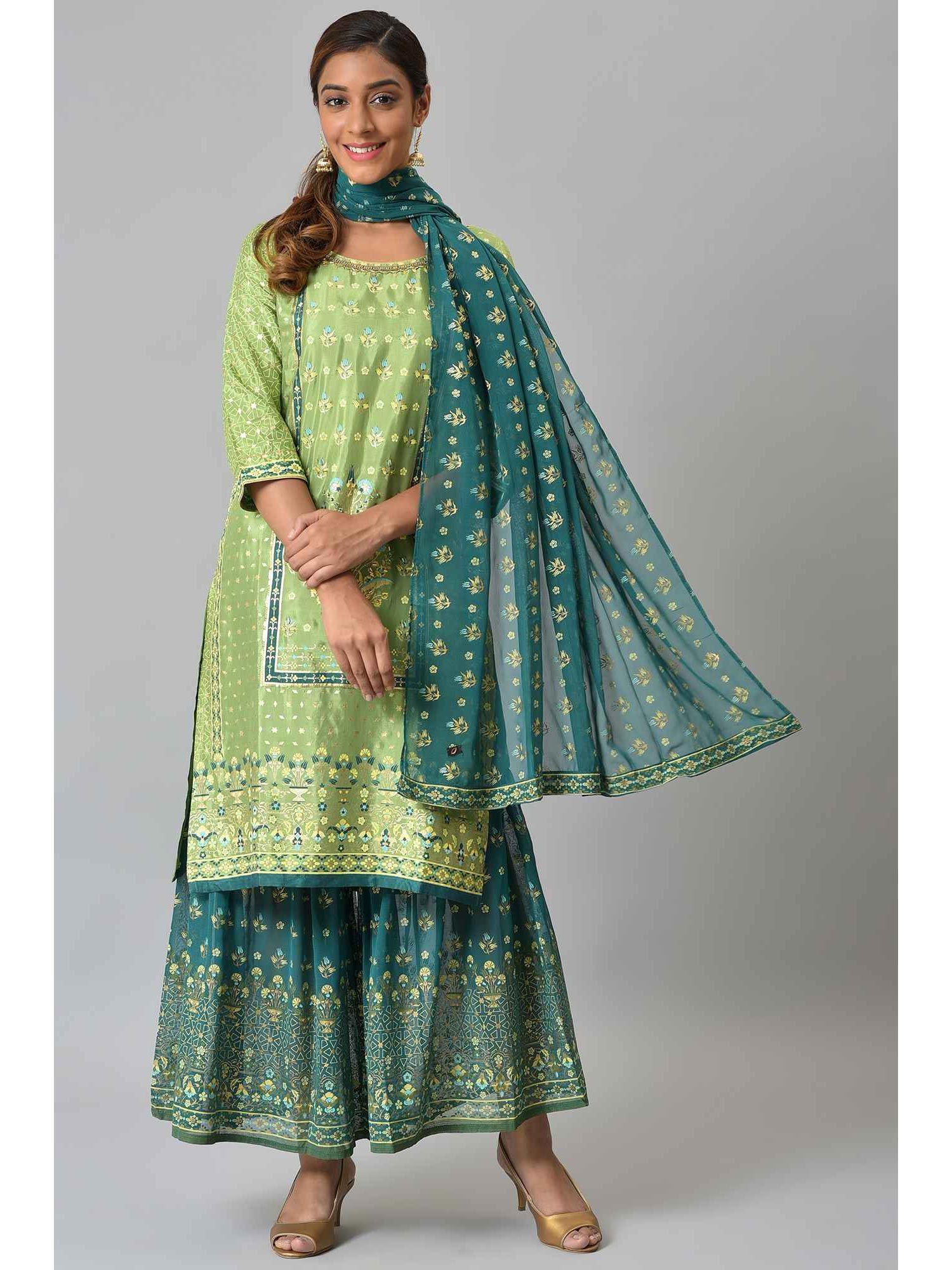 women green floral print viscose kurta set with sharara & dupatta
