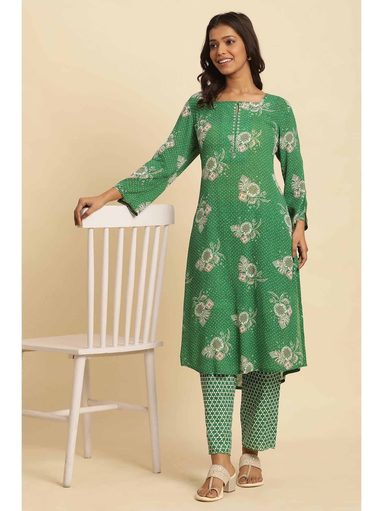 women green floral print viscose straight kurta