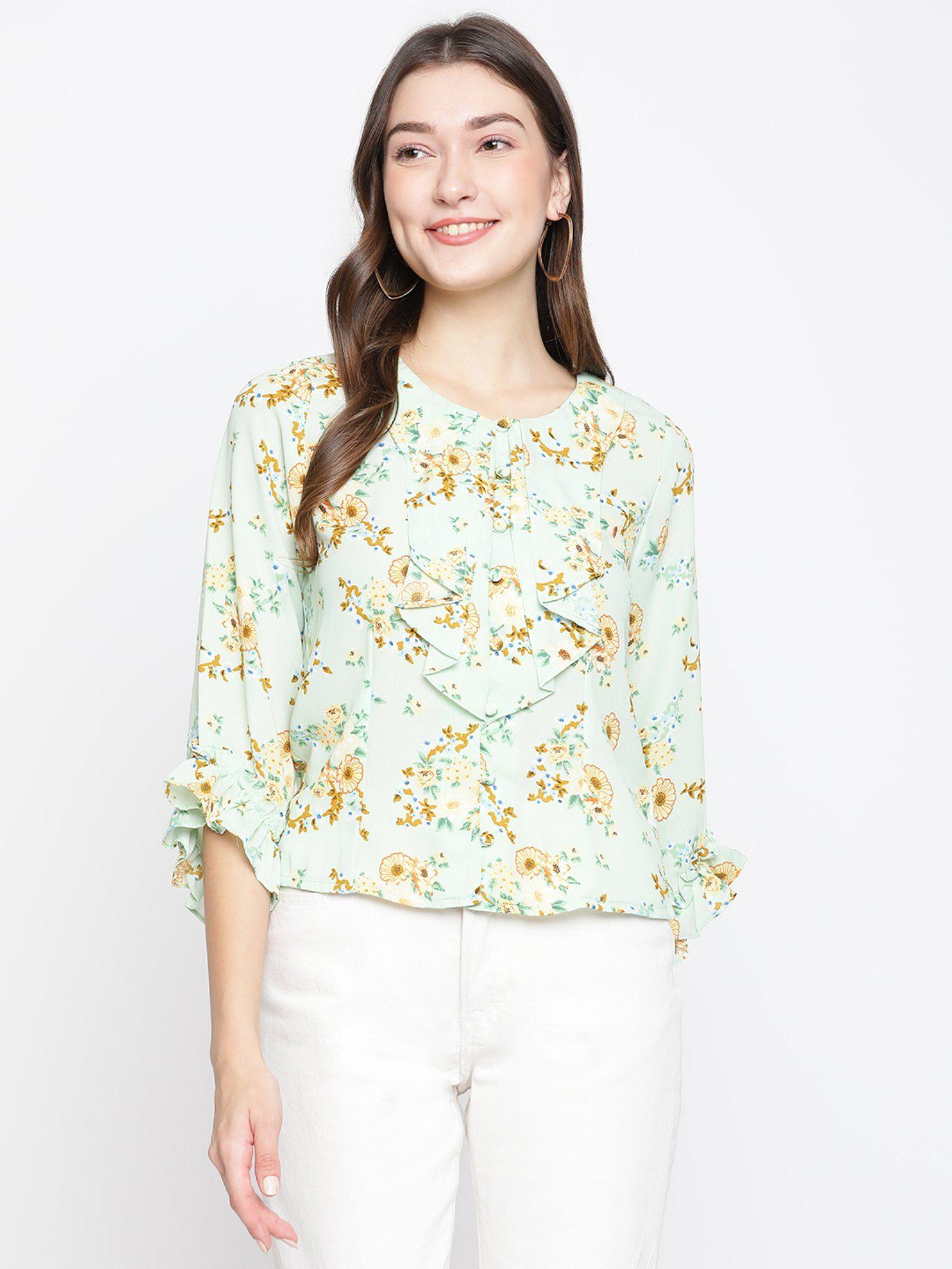 women green floral three fourth sleeve blouse