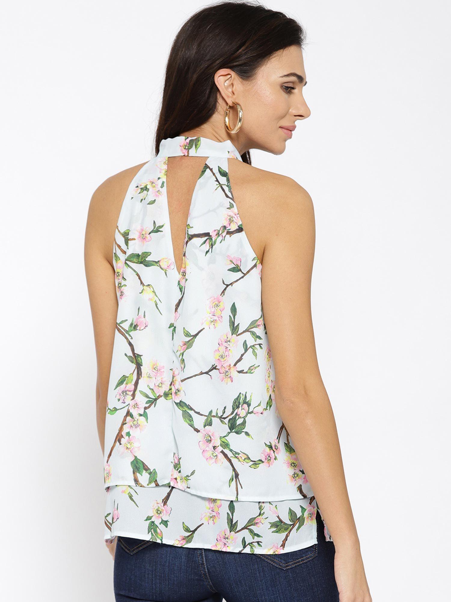 women green floral tie-up neck layered top