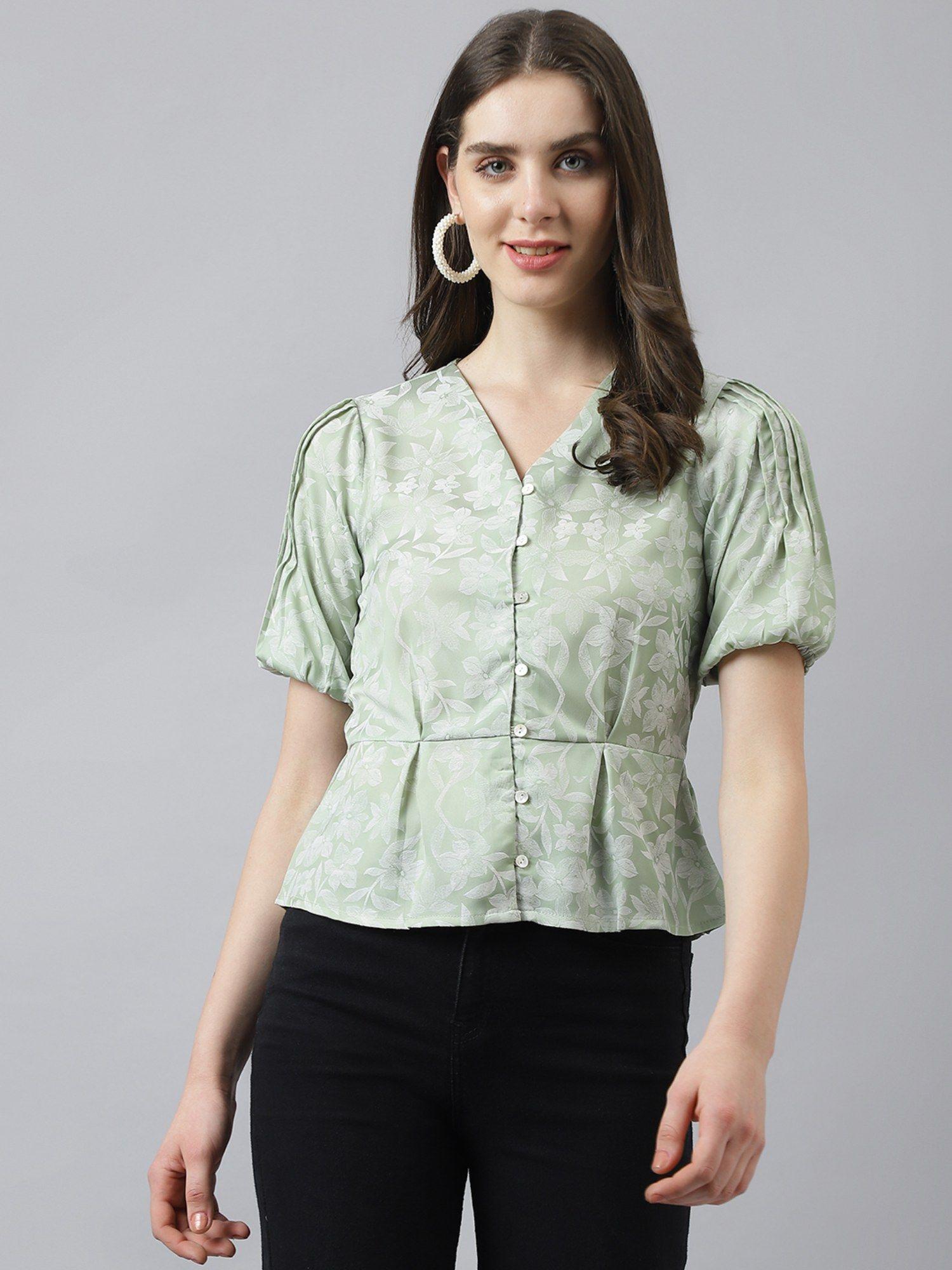 women green flower print peplum top with front buttons & puffer sleeves