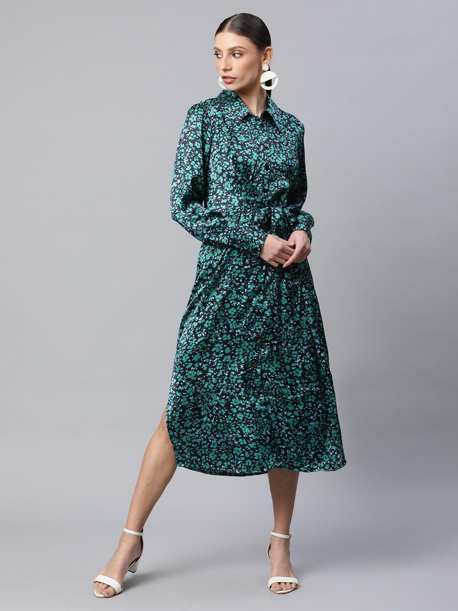 women green full sleeve dress with belt (set of 2)