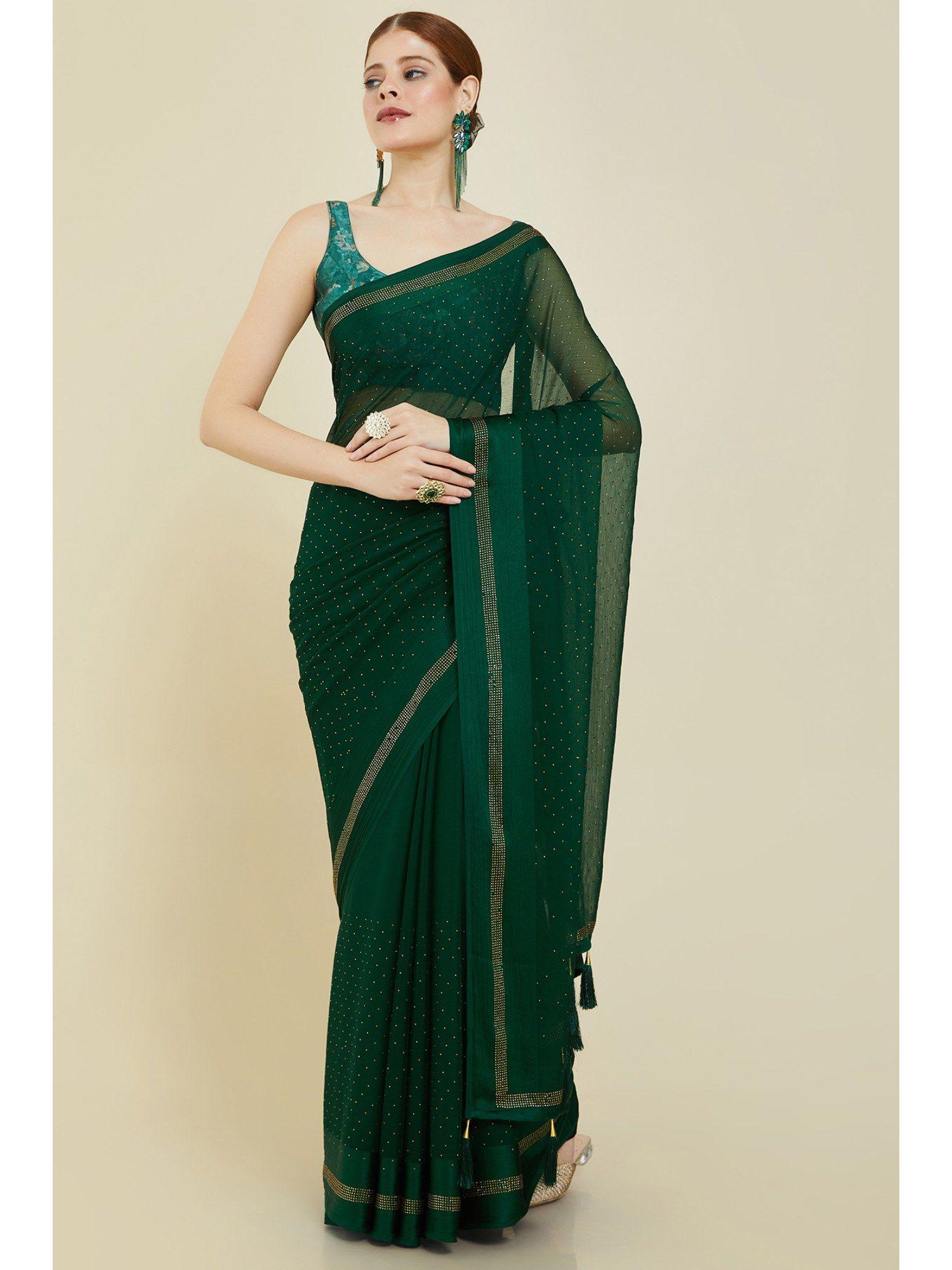 women green georgette embellished saree with unstitched blouse