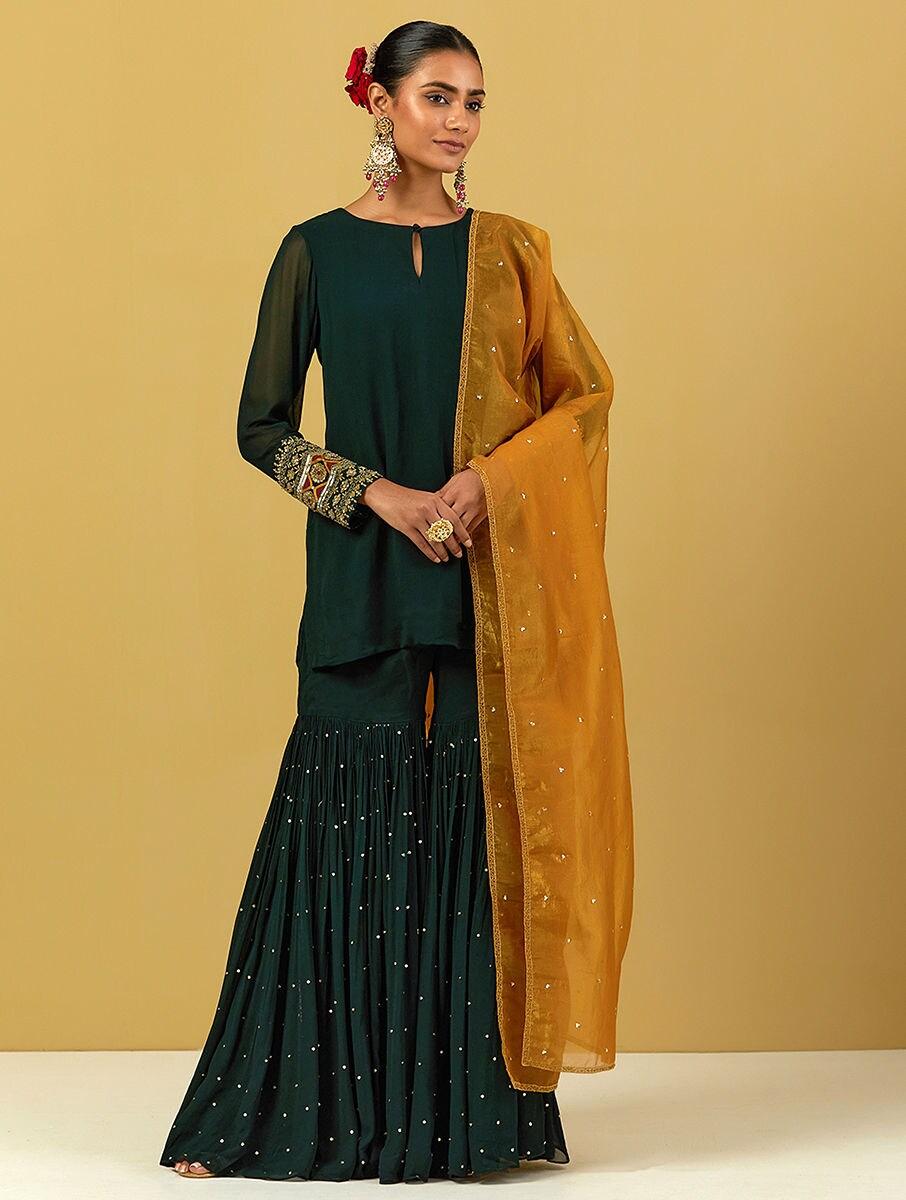 women green georgette hand embroidery round neck straight regular kurta , sharara & dupatta