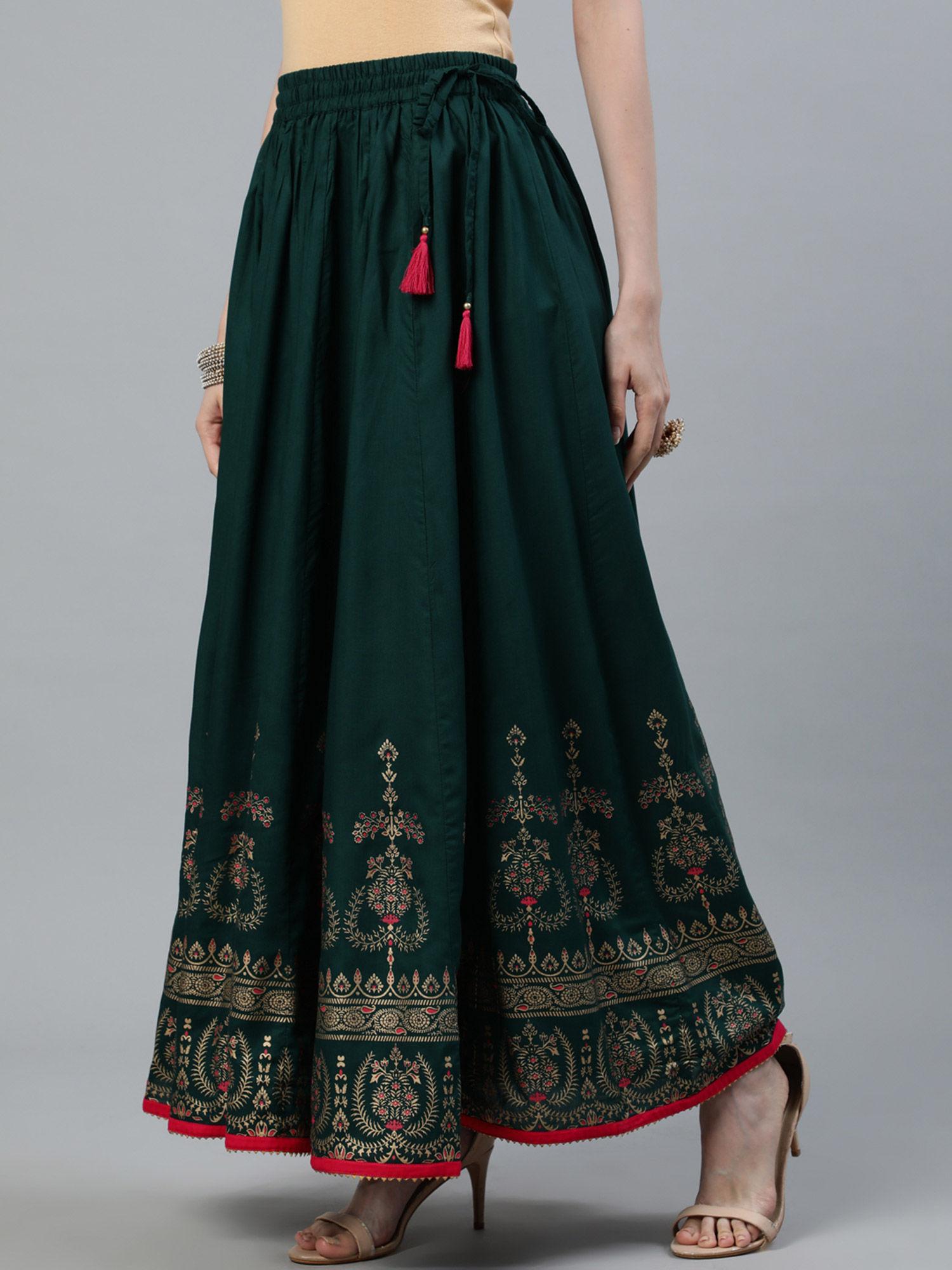 women green gold printed maxi flared skirt