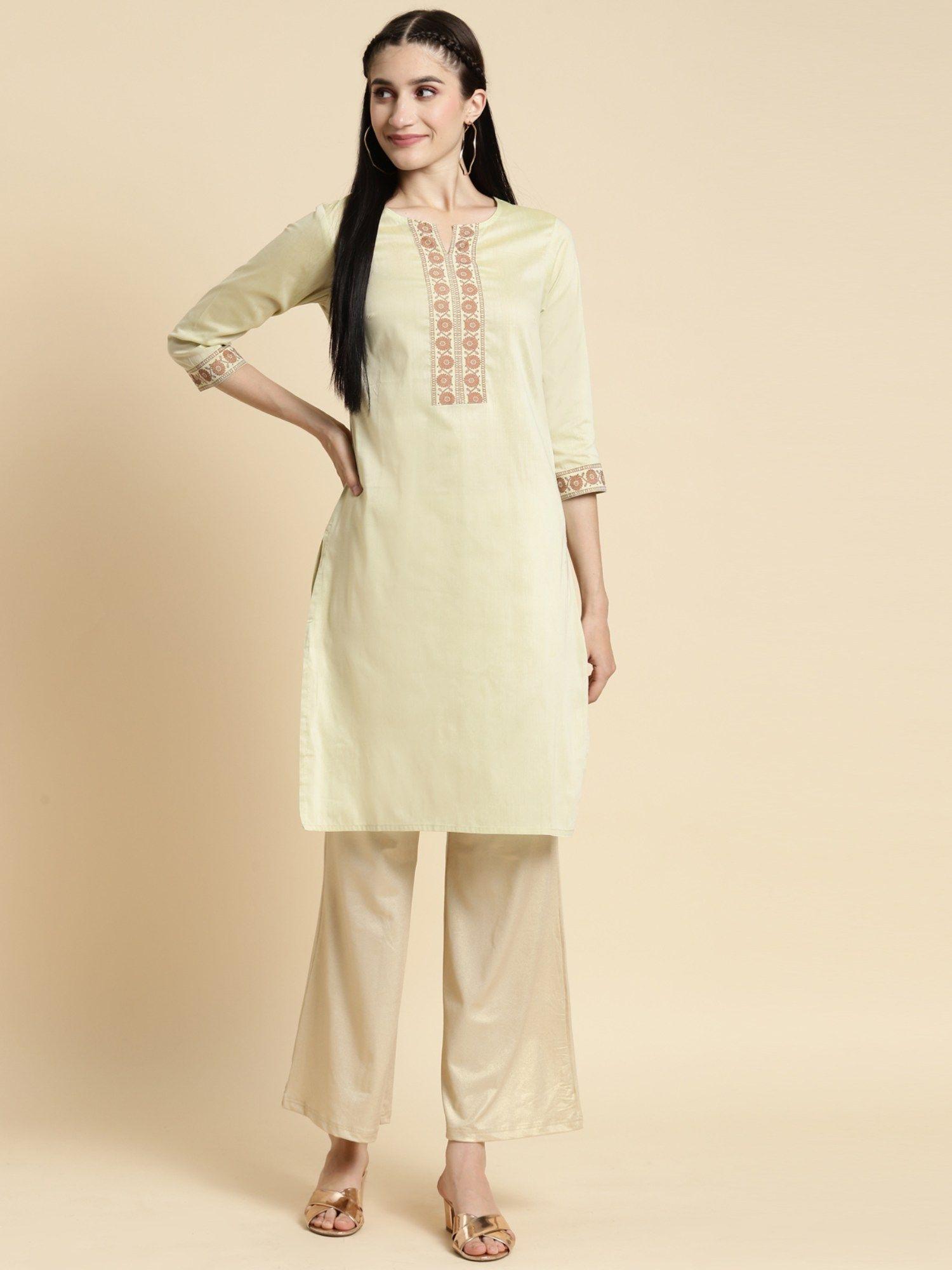 women green gold printed placket knee length straight kurta