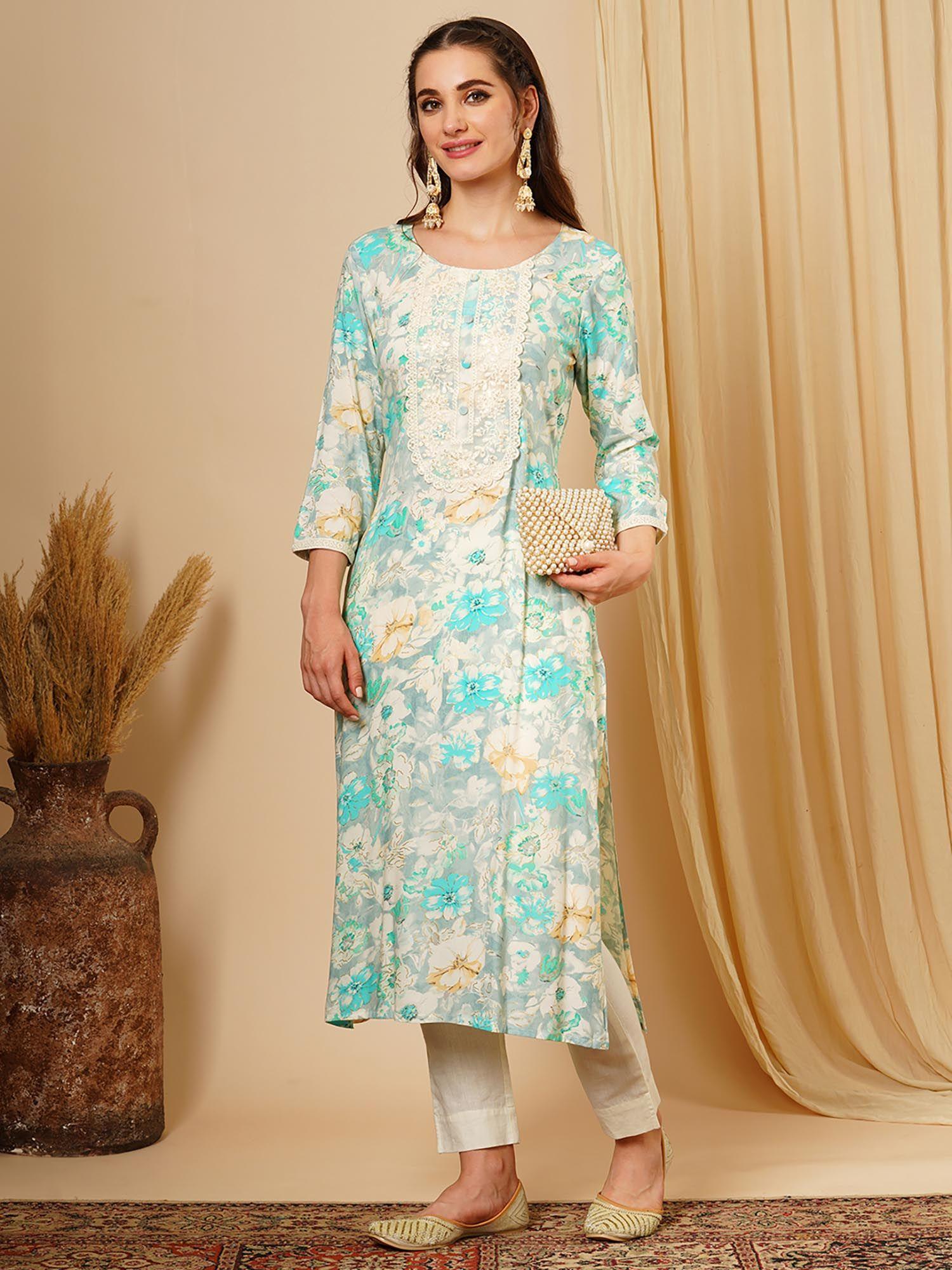 women green lace yoke gold foil floral print a-line workwear kurta