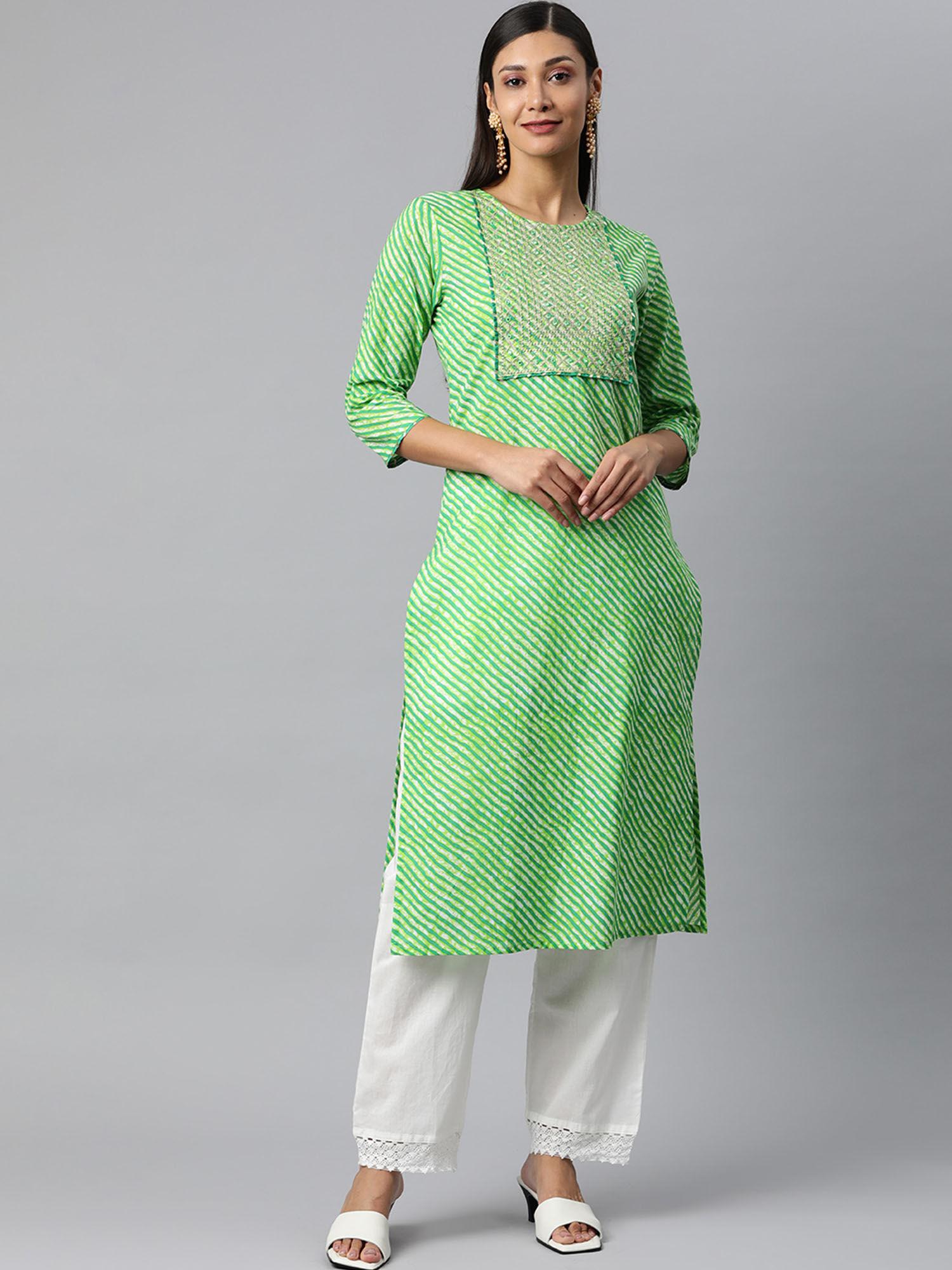 women green leheriya embroidered kurta