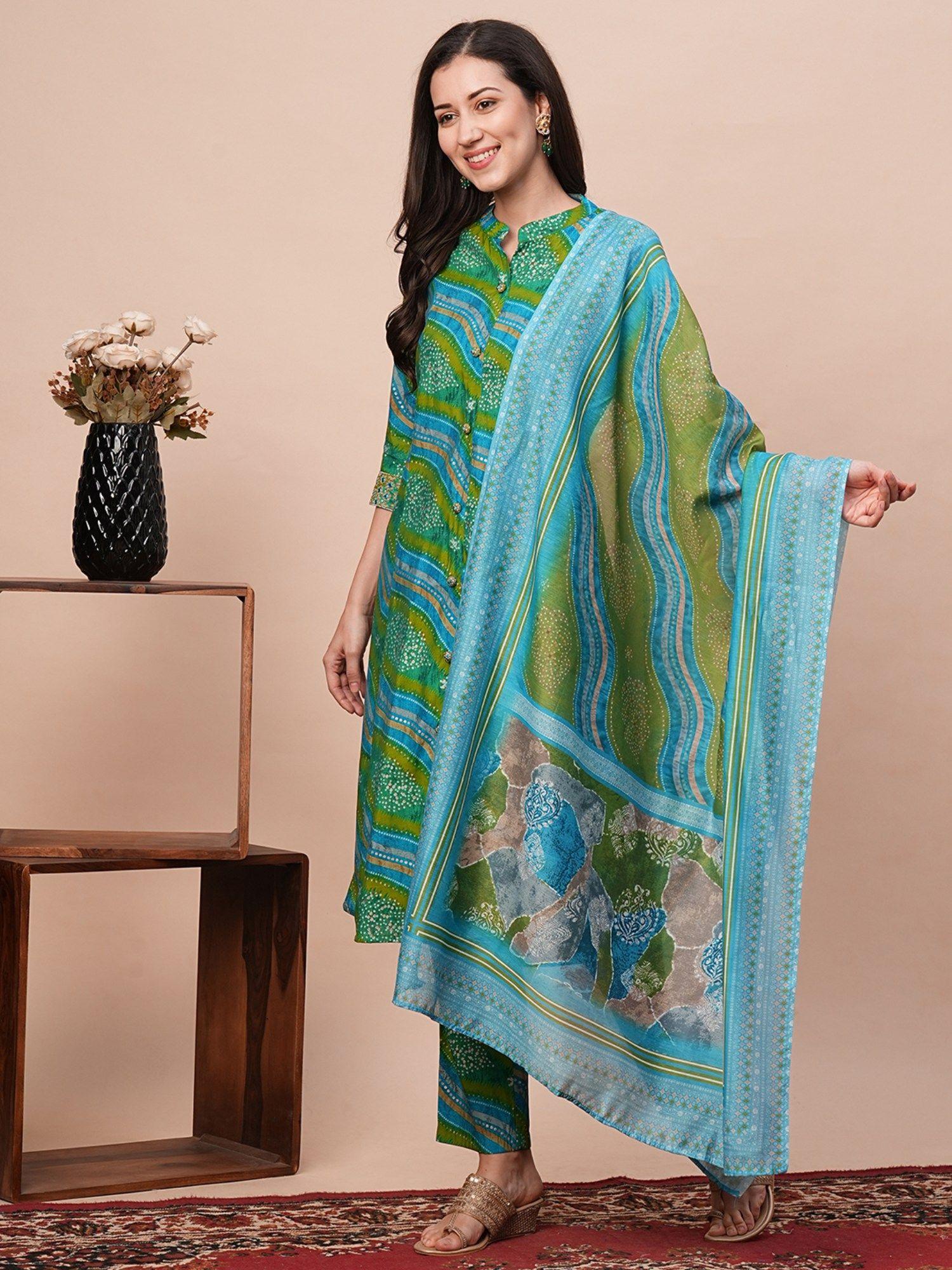 women green leheriya print kurta with pants & dupatta (set of 3)