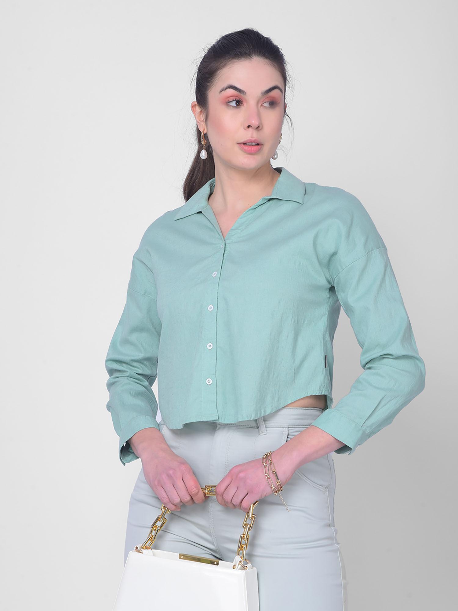 women green linen crop shirt