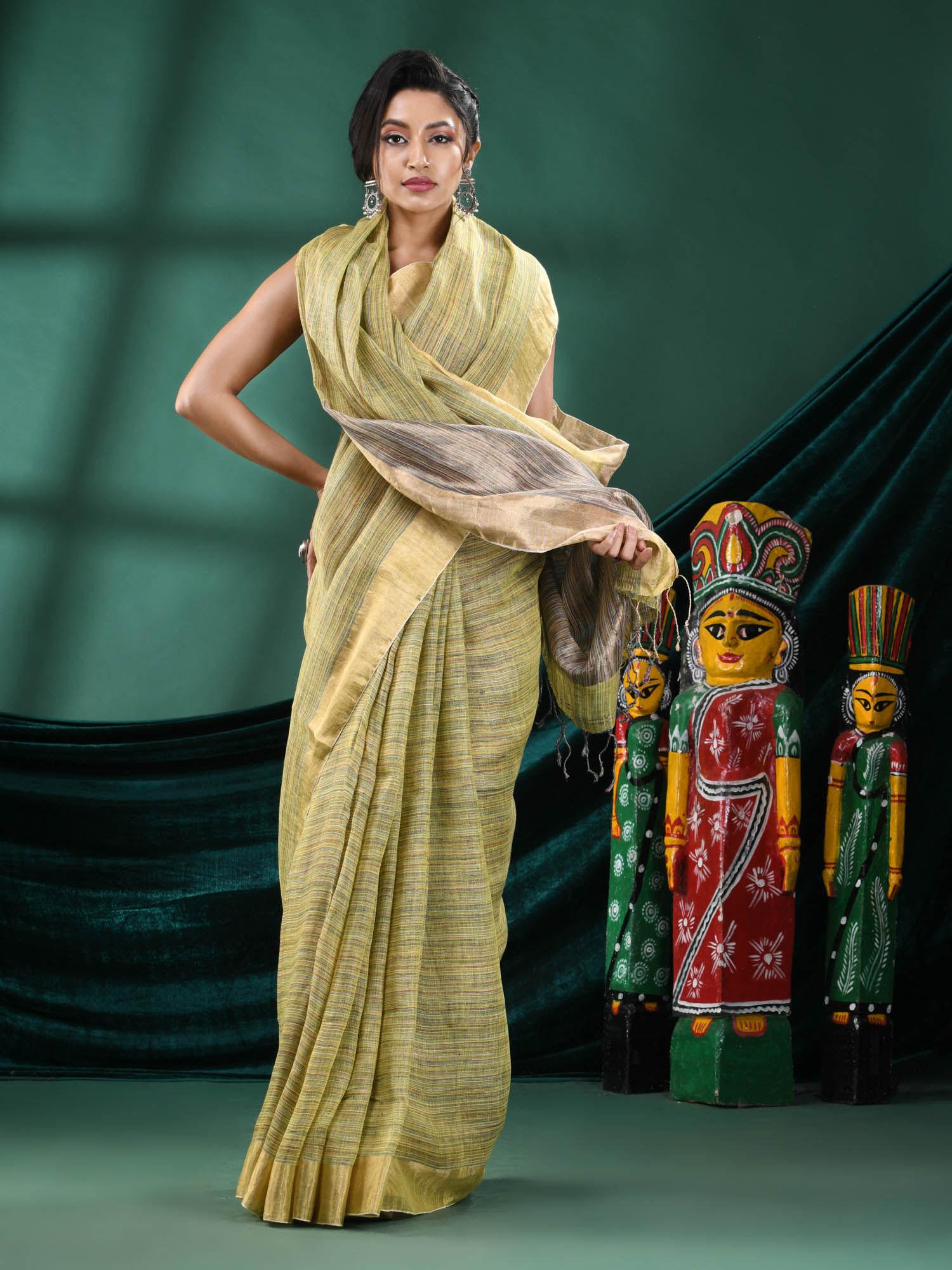 women green linen stripes woven saree with unstitched blouse