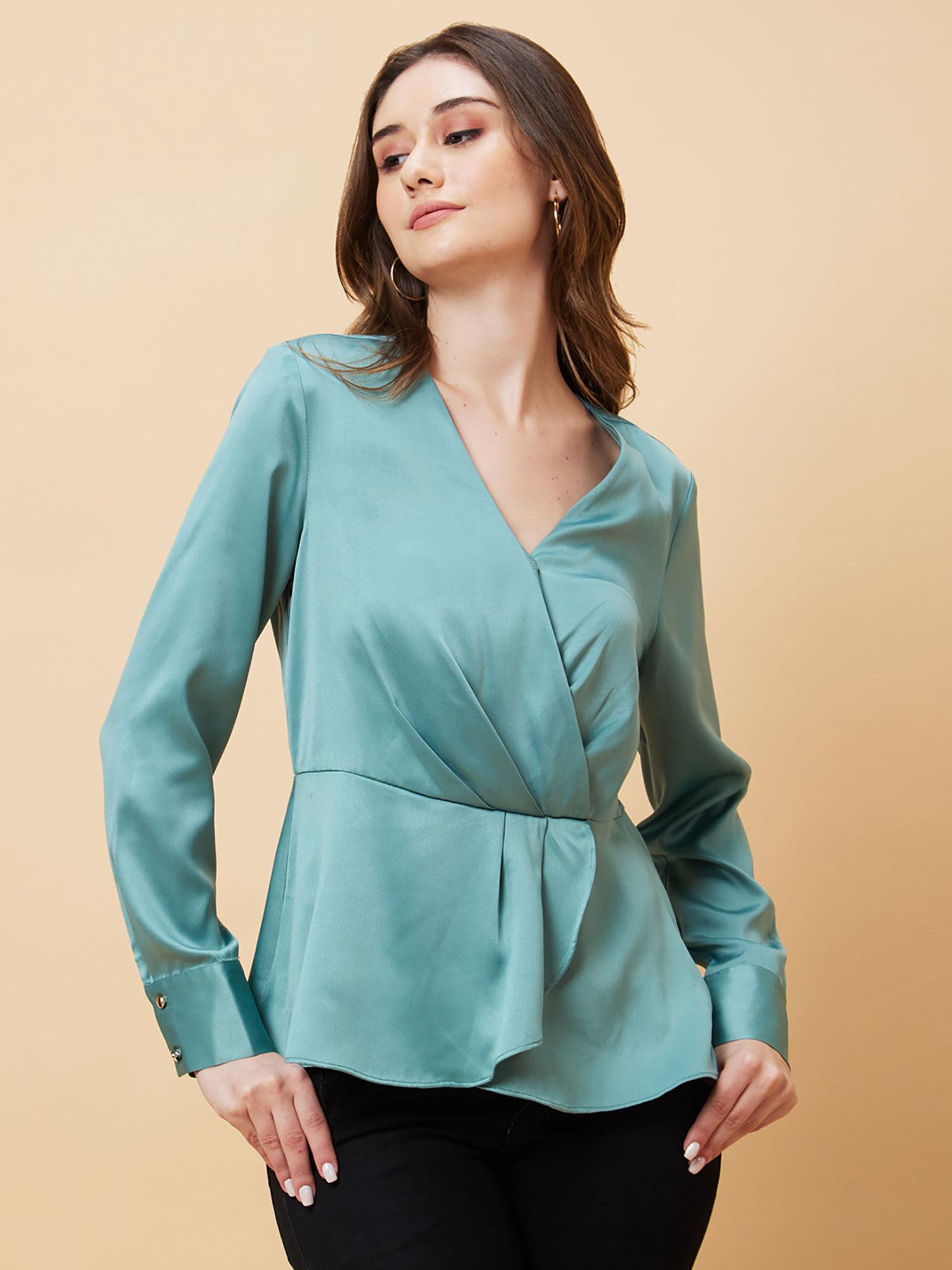 women green long cuffed sleeves v neck wrap party top