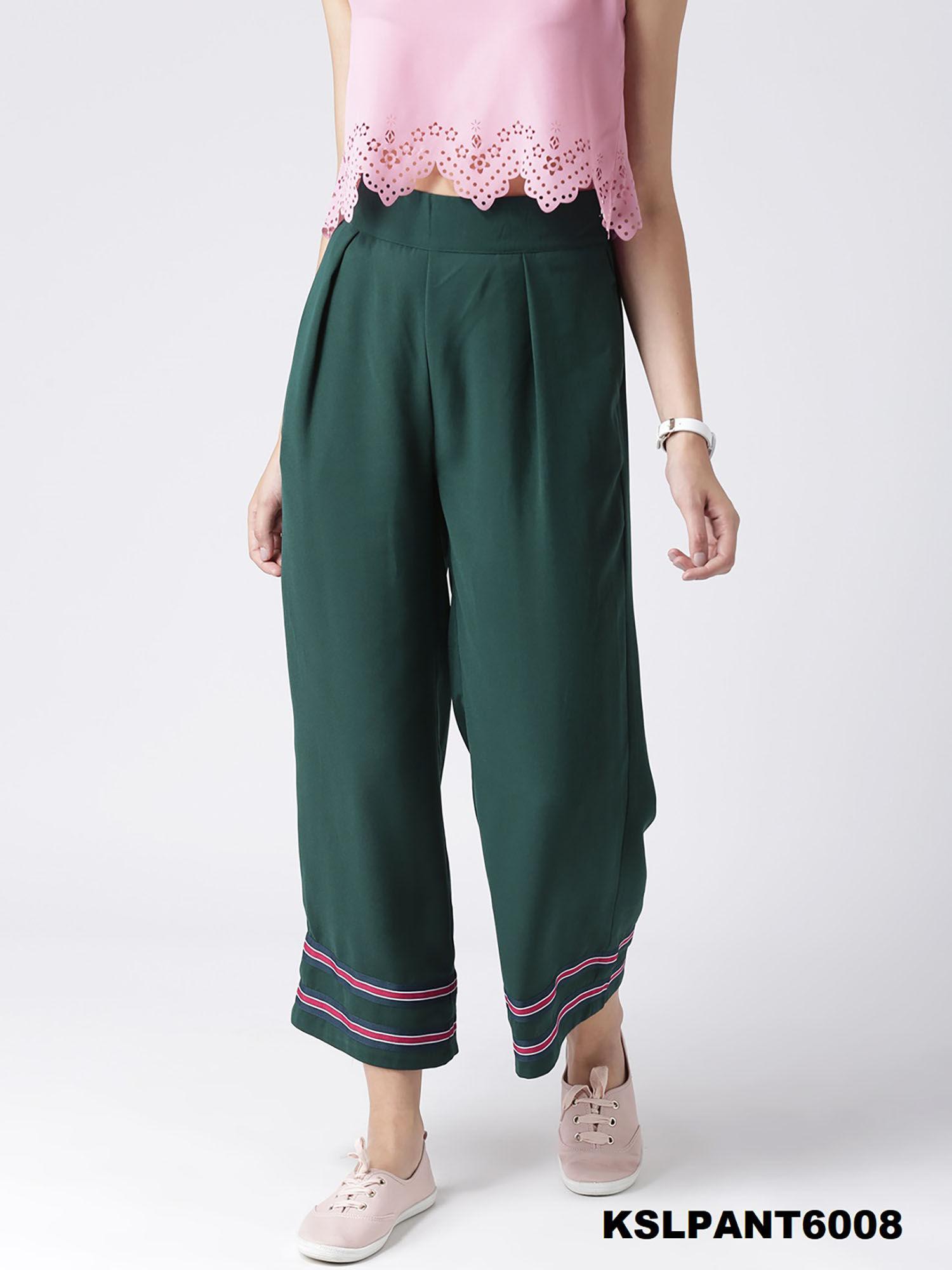 women green loose fit solid wide mid waist pant