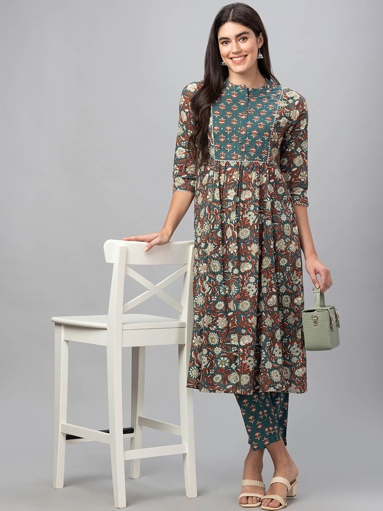 women green mandarin collar printed panelled kurta with pants (set of 2)