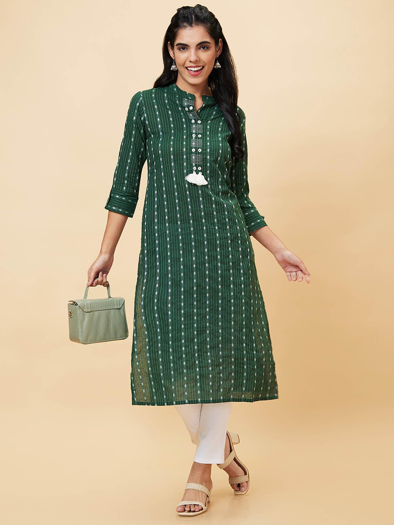 women green mandarin collar straight kurta