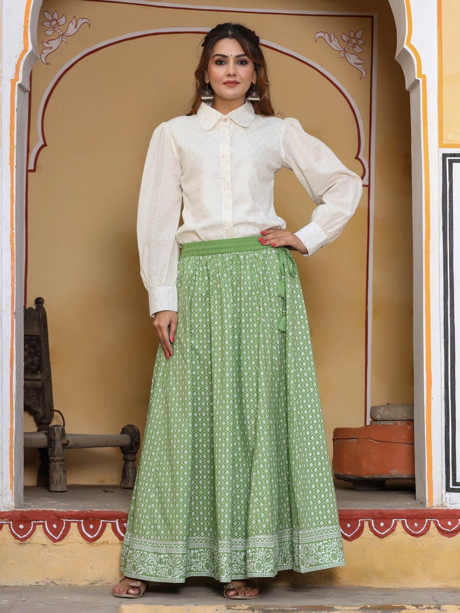 women green maxi flared skirt with white khadi print