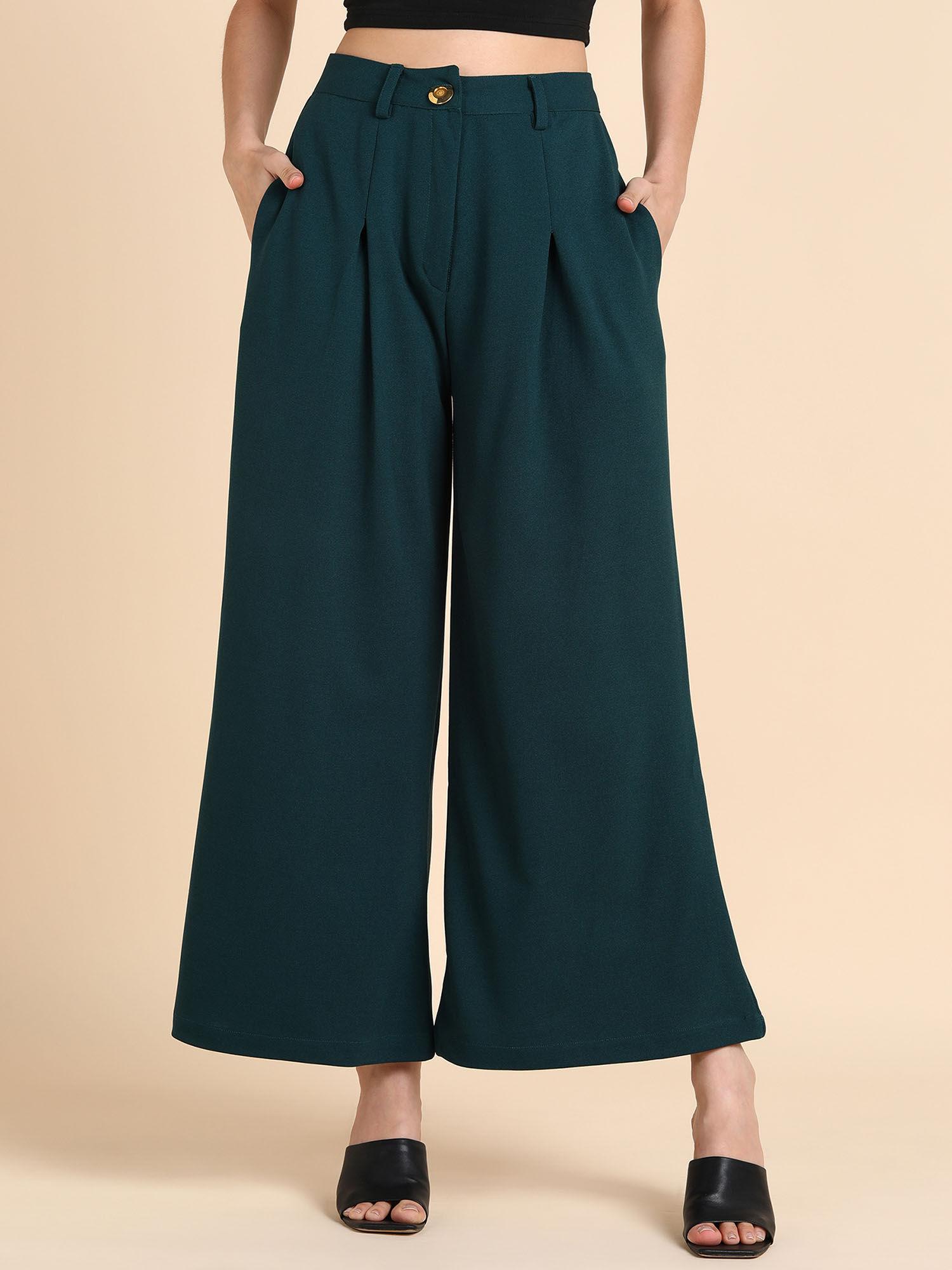 women green mid-rise relaxed fit pleated parallel trousers