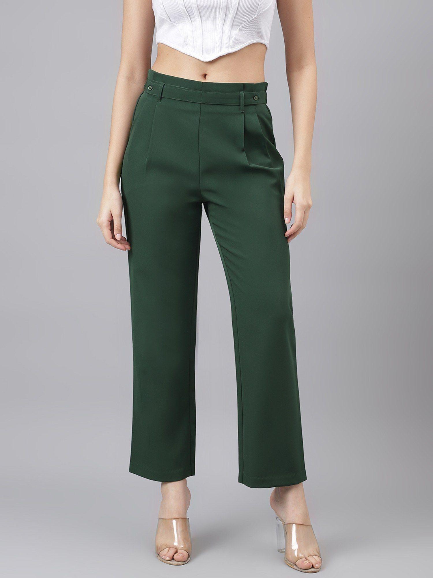 women green mid-rise solid trouser with 2 pocket