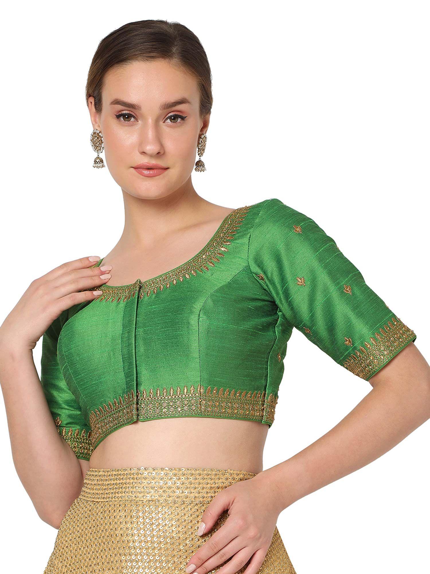women green mulberry silk embroidered readymade saree blouse
