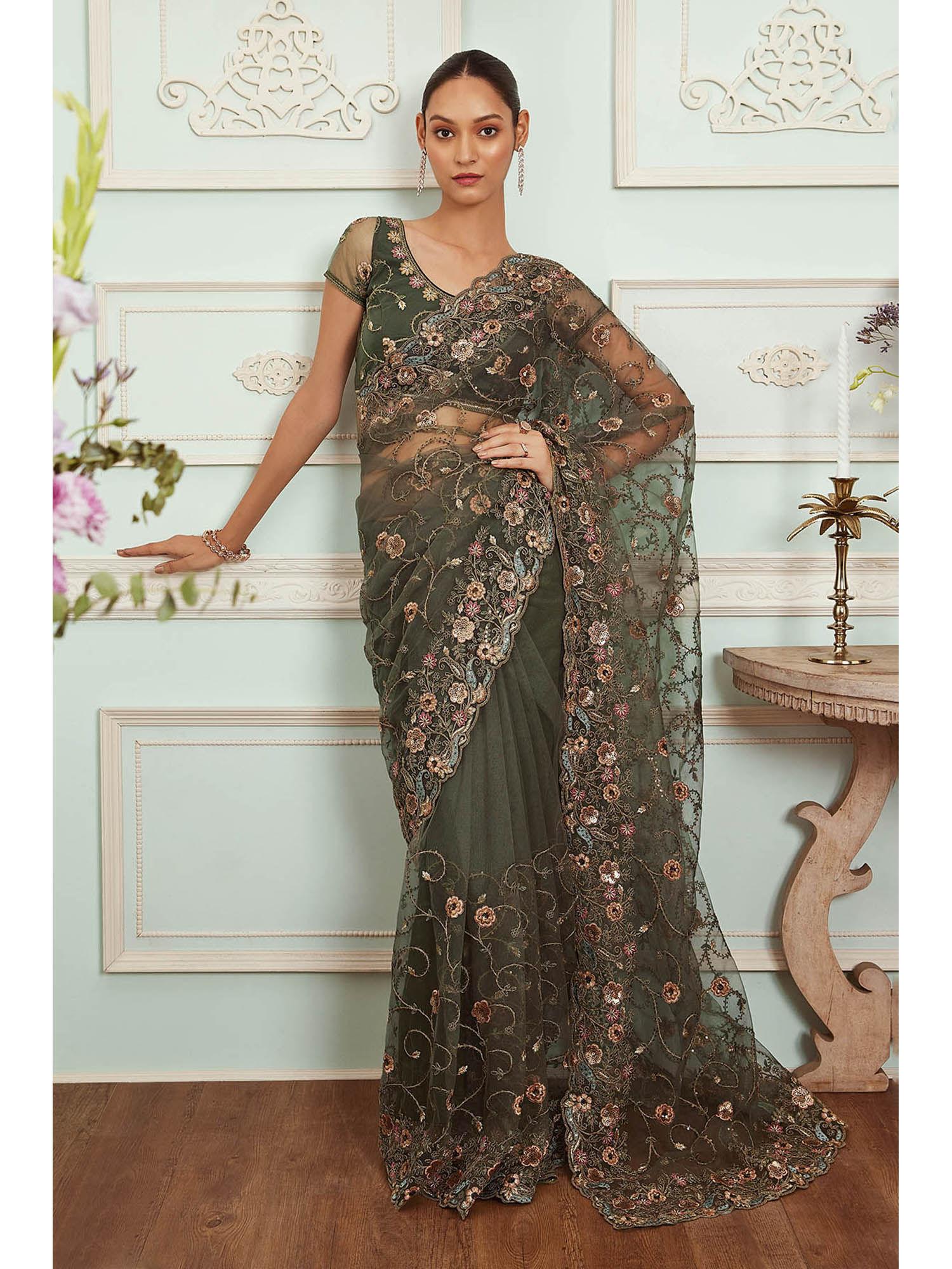 women green net embroidered saree with unstitched blouse