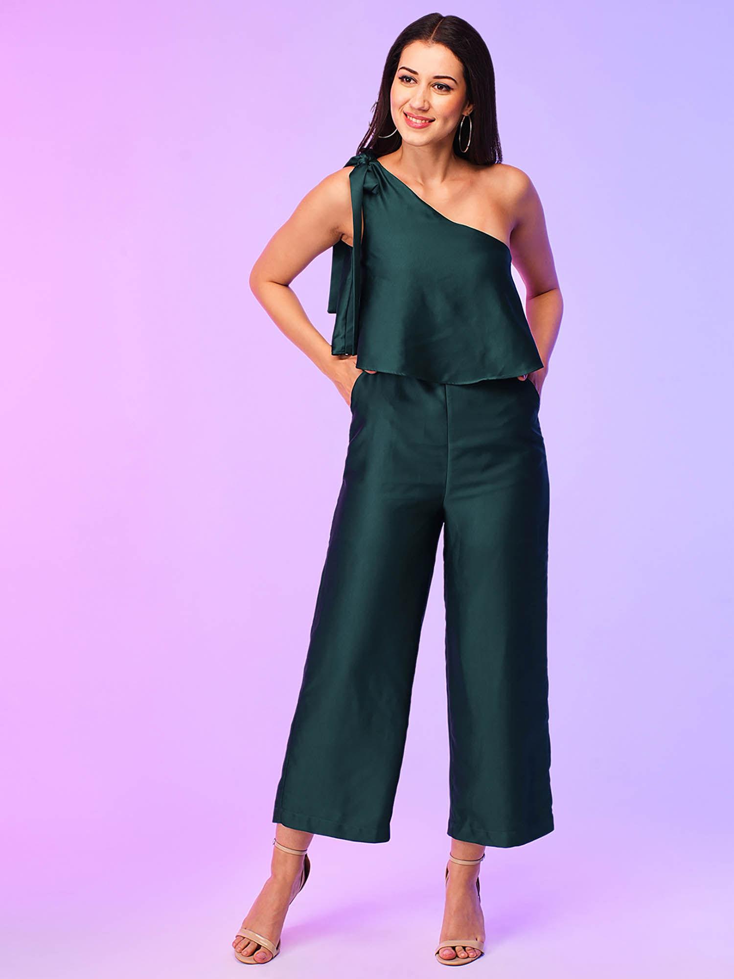 women green one shoulder tie-up party jumpsuit