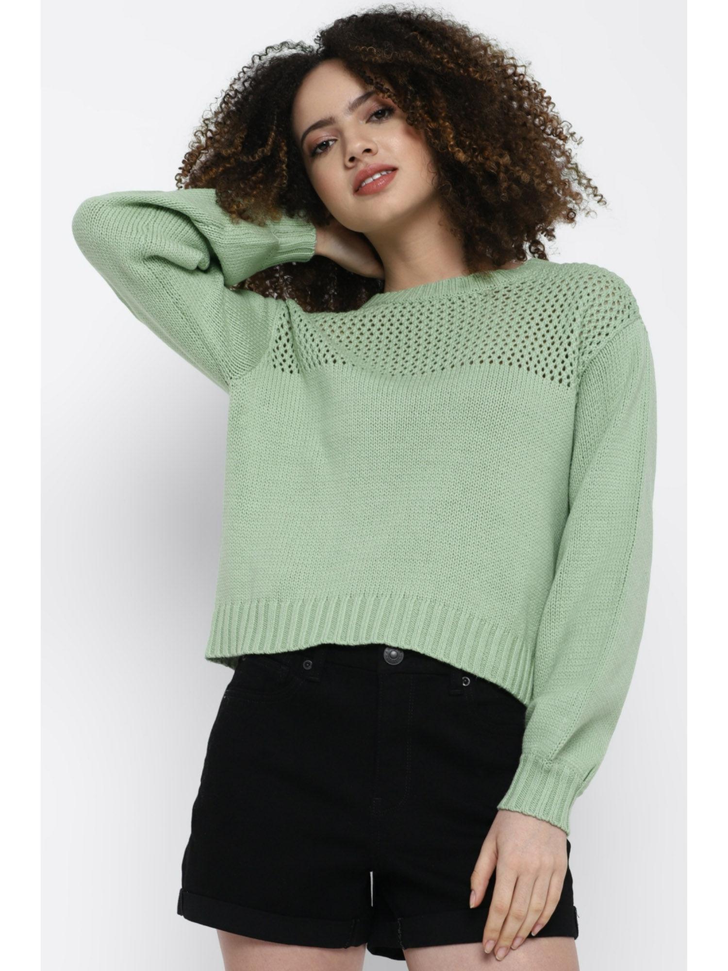 women green open weave sweater