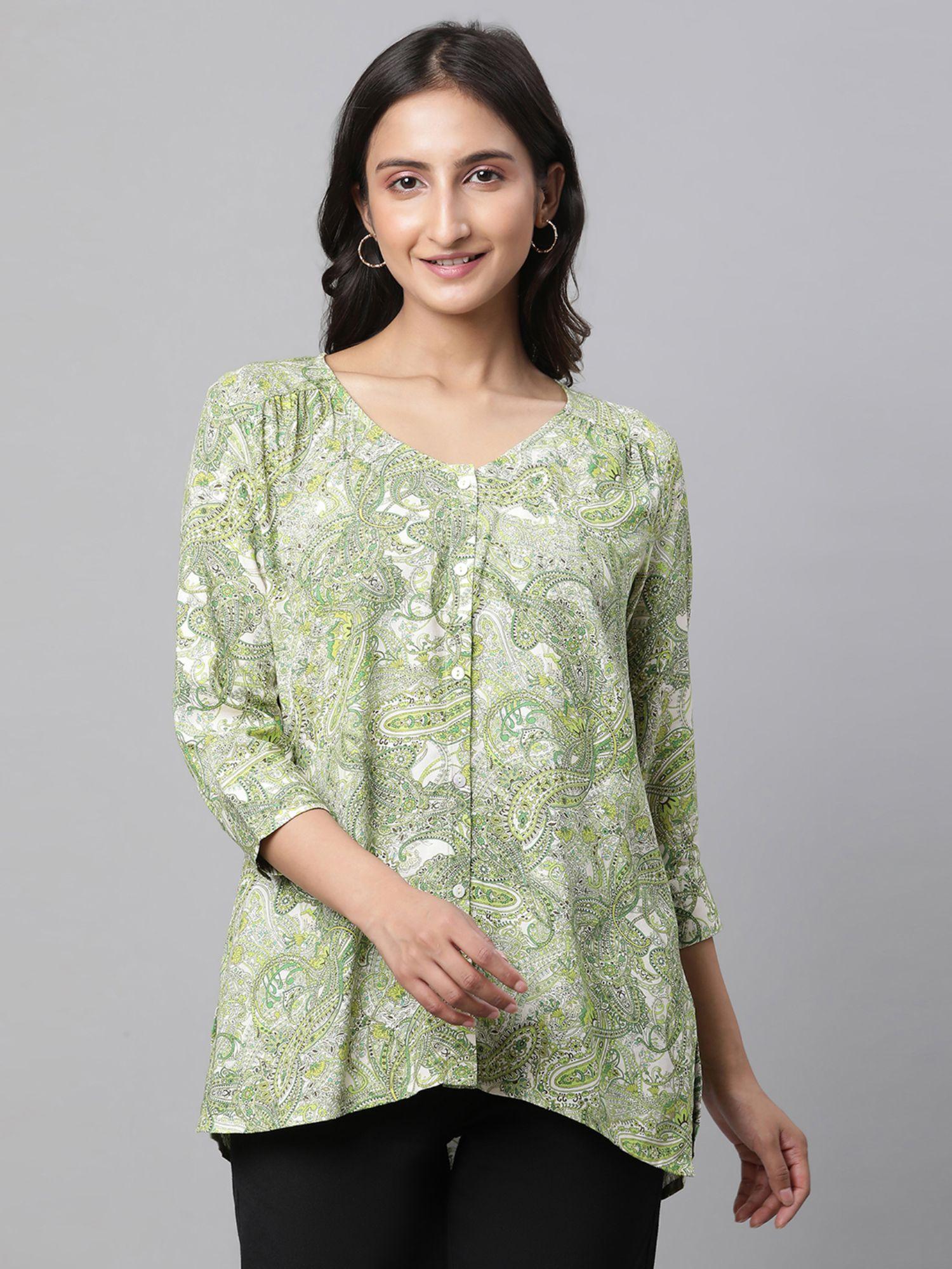 women green paisley three fourth sleeves v-neck top