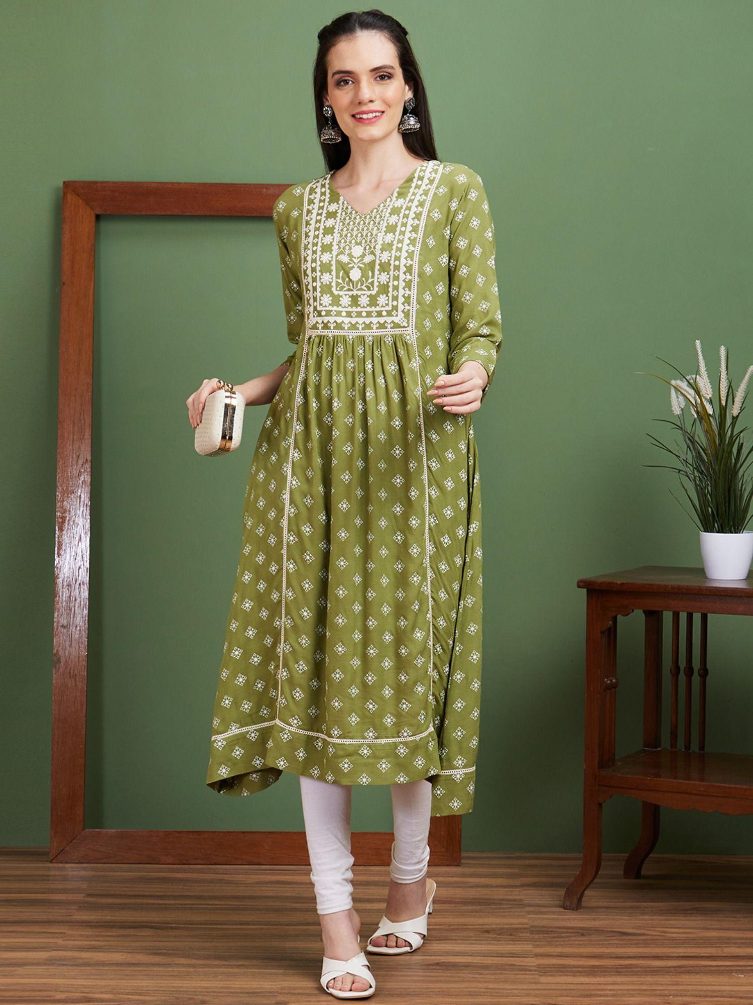 women green panelled embroidered yoke v-neck casual a-line kurta